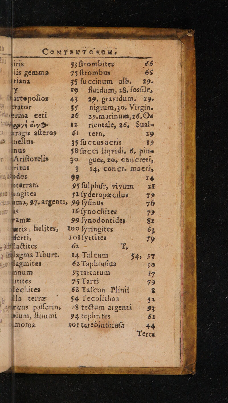 eios ce Mai ic | CeowuTrzwToRnux, | Sinis cs ANELRUNISIME ka liris 43 ftrombites 66 1 lis gémmo 75ítrombus é&amp; |riana 35 fuccinum alb, 29. y :9 fluidum; 28, fosfile, Wartepolios 43 29.gtavidum, 29» Frator $$ nigrum,30, Virgin. 'rma €eti 36 zs.marinum;26, O« Ullegey s muy tor 12. rientale, 36, Sual« kragis afteros —— 61 tern, 29 laellus. 3$ fuccusacris 19 inus $8 fucci liqvidi, 6, pin» jAriftotelis 30 gucs,20, ConCreti, jritus 3 I4 Conct. macri, ilpdos 99 i4 bterran. 95(ulphdr, vivum ^ EF »' ingites . $?Íyderopzcilus 729 iliijama, $7. argenti, 99 fyfinus 76 us 16 fynochites 79 rame 99 fynodentides 82 Meris, helites, 100 fyringites 6; Merri, IOlfyrtites 79 8 , Wiltactites 62 T, 2^ E Wilagma Tiburt. 14 Talcum 54, 97 F ^Kagmites 62 Taphiufius $o E lnnum: 93tartarum 17 1 jatites 25 Tartt 79 lle chites 68 Tafcon Plin 8 E lla terrz ^ 54 Tecolithos $3 i Mircus pafferin, ;8te&amp;um argenti — 93 ! ipium,ftimmi 94tephrites 62