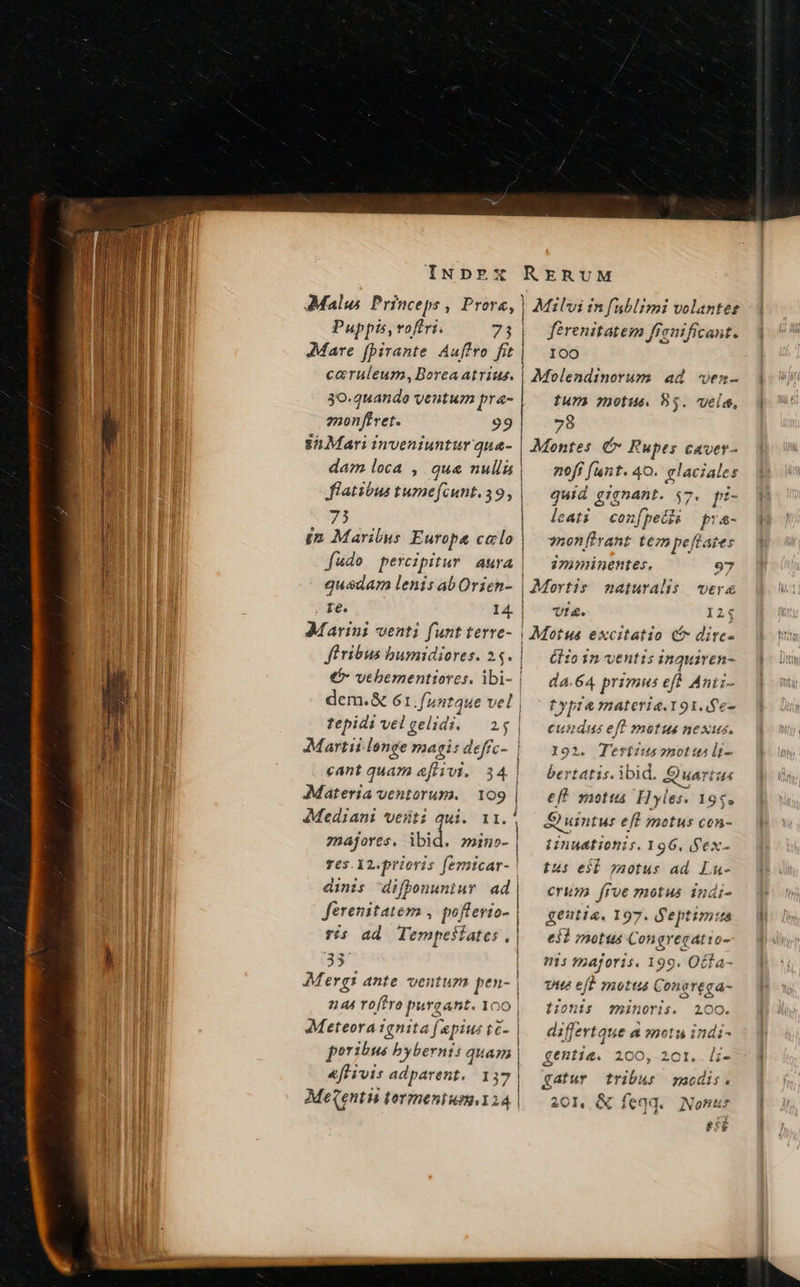 Mare [birante Auflro f! caruleum,Boreaatrius. 30.quando ventum pra- monftret. 99 férenitatem frenificant. 100 Molendinorum ad wven- Iura motus. 85. vele, 78 dam loca , qu&amp; nulia flatibus tume[cunt. 39, iz Marilyus Europa calo quadam lenis ab Orien- | re. 14. Marini venti funt terre- ffribus bumidiores. 25. dem.&amp; 61.funt que vel | tepidi vel gelidi. 25 | Martii longe magi: deffc- | cant quam afiivi. 34 | Materia ventorum. 109 | Mediani vesti qui. 11.! majores, ibid. »eino- | res. 12.prioris femicar- | dinis diffonuntur ad ferenitatem , pofterio- rís ad Tempesíates «| 33 | Mergi ante. ventum pen- | 244 rofro purgant. 100 | Meteora 1gnita f epius t6- | poribus bybernt: quam | «flivis adparent.. 137 Megentii tormentis. 124 | nofi funt. 40. glaciales quid dign $37. pi- leati confpet pra- 7monfirant tezm peftazes imminentes, 97 Mortis naturalis vera vt&amp;. 24 Motus excitatio (o dirc- él io 1m ventis inquiren- da.64 primus eft Anti- typre materia.191.8e- cundas eft motus nexus. 192. Tertius 7not tta lí bertatis. ibid. Quartus eff motus Hyles. 195, Quintus eff metus con- Lnuationis. 196. Sex- tus esi o»motus ad. Lu- eru frve motus indi- geutis. 197. d'eptim:a e3d motis Congrecatto- nis majoris. 199. Ocfa- UA eft nmiottzá Congrega- tonis fninoris. 200. differtque a snotu indi- gentia. 200, 201. li- gatur tribur modis. 201 &amp; feqq. Nonur £g