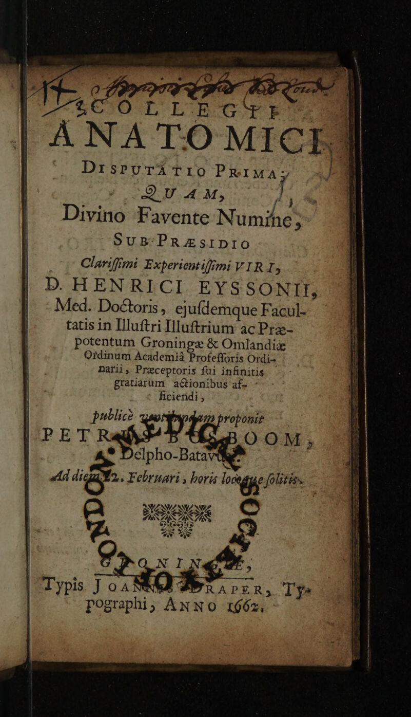 DrisrvuráÁ Trio PRIMA; QU 4M, yo Divino Favente Numihe; SUB:-PREsriDIO Clariffmi Experientiffmi VIR I D. HEN RICI EYS SONII, Med. Doctoris, ejufdemque Facul- tatis in Illuftri Illuftrium ac Ptz- potentum Groningz &amp; Omlandix Ordinum Academiá Profefforís Ordi- Darii, Przceptoris fui infinitis £ratüarum aCionibus a£- - ficiendi , publice 7 voponit : PET na OOM; cIpho-Batav- E adi 3 Februari , bor loge foliziss ' Typis ] oA NN RA PER. Ty» pographi; AN No 1662,