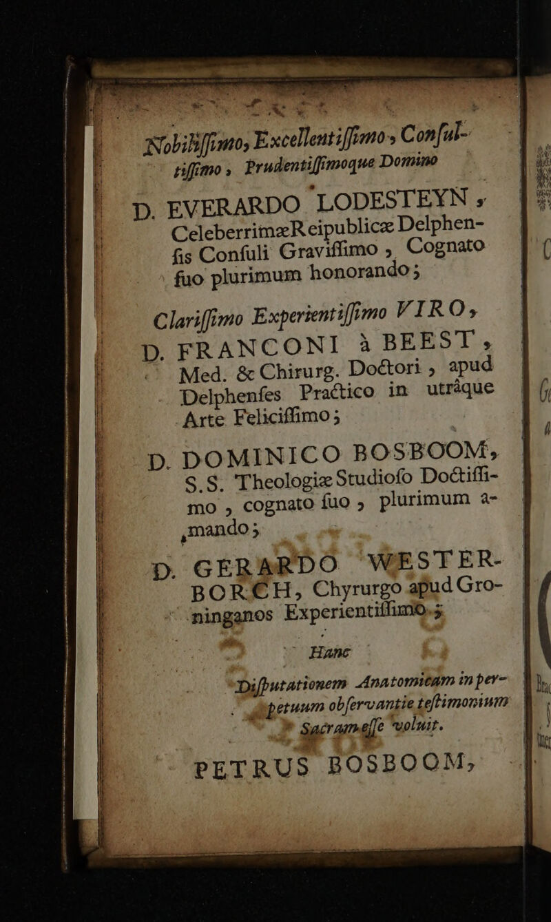 *- M EN a a A Eo Nobiliffianos Excellenti[femos Con[ul- | rifmo, Prudentifimoque Domino — D. EVERARDO 'LODESTEYN ; CeleberrimzR eipublicz Delphen- fis Confuli Graviffimo ,. Cognato fuo plurimum honorando; Clarifimo Experienti[fmo VIRO; D. FRANCONI à BEEST', « Med. &amp; Chirurg. Doctori ; apud Delphenfes Practico in utráque Arte Feliciffimo; S S. Theologiz Studiofo Do&amp;iffi- mo , cognato fuo ; plurimum a- ,mando; p. GER ARDO W'ESTER- BOR €H, Chyrurgo apud Gro- ^ mninganos Experientitfimo. : Hane DifPutationem Anatomitum in per- c amperuum obfervantie teftimonium Saéram.affe uoluit. PETRUS BOSBOOM,