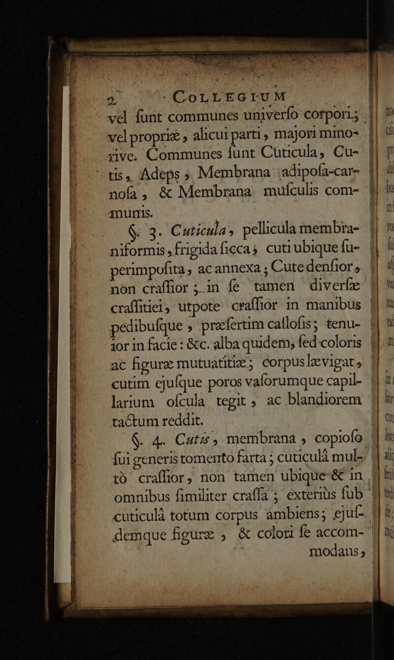 3r canini NS ^i ERR OL — : i dem FE RRLUA UC sd aU da E ET n [ VOCI EN TS v TOUT SENA TN n De ] iae. alie! THOPEAS T €.- | 2 «COLLEGIUM | | vel funt communes univerfo corpori; | | ^ velpropriz, alicui parti, majori mino- | |. ive. Communes funt Cuticula, Cu- | | ^ ds, Adeps ; Membrana adipofa-car- | : | noa, &amp; Membrana mufculis com- fj! 1nurris. f 1 : 3. Cuticila, pellicula membra- | |. aiformis,frigidaficcas cuti ubique fu- ij à | | | | perimpofita, ac annexa ; Cute denfior, ll non craffior ; in fe tamen diveríe | craffitiei, utpote. craffior in manibus | B — pedibufque ; przferim callofis; tenu- f| &amp; ior in facie : &amp;c. albaquidem, fed coloris 1.2 ac figure mutuatiti ; corpuslevigat, | cutim ejufque poros vaforumque capil- | i larum ofcula tegit, ac blandiorem || tactum reddit. i G. 4. Cutz, membrana ; copiofo le fui generis tomento farta ; cuticulà mul- LE t9 craffior, non tamen ubique-&amp; in. d &amp;i omnibus fimiliter craffa ; exteriüs fub 1] ti cuticulà totum corpus ambiens; ejuí- || t demque figurg ; &amp; colori fe accom- '!| ij modans;