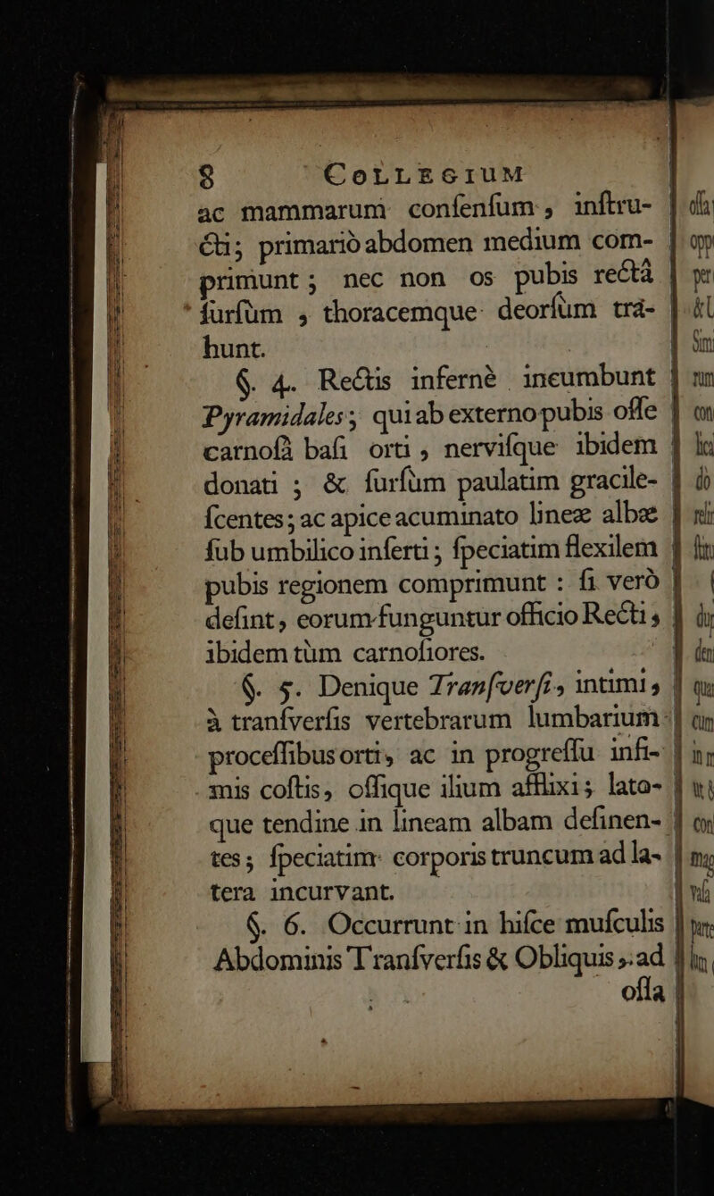 CR. — Re ES MIU m m e AA Due cepe ahi REIR Im AERE ERPESOHRUS EE 8 CoLLEGIUM 2 i rimunt; nec non os pubis rectà hunt. | ibidem tüm carnofiores. tes; Ípeciatim: corporis truncum ad la- tera incurvant. $. 6. Occurrunt in hifce mufculis Abdominis T'ranfverfis &amp; Obliquis ;:ad | s |n pure | | j | |.