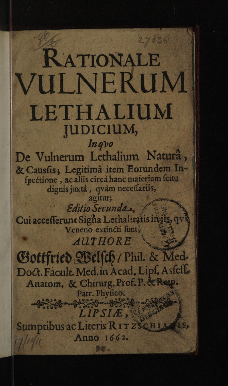 VULNERUM]J LETHALIUM JUDICIUM, In qvo j De Vulnerum Lethalium | Natura jl &amp; Causfis; Legitimà item Eorundem In- ig fpc&amp;ione , acaliis circá hanc materiam fcitu dignis juxtà , qvàm neceffariis, agitur; Editio Secunda yt $ c P CuiaccefferuntSigha Lethalirgtis i in: dis qvi jJ Veneno extin&amp;i funt; v |  AUTHORE X Gottfricb 9BCI(C / Phil. &amp; Med. | Do&amp;à. Facult. Med.in Acad. Lipf. Asfeff, | Anatom, &amp; Chirurg, Pro£ P-SEReip. — | Patr. Phyfico. - S. A DEDE CTCNAM PEUX, EE i E m IPSE, dnd ] 'Sumptbus ac Literis R rr ZV&amp;H LJ Lfd. 7i Anno 1662. | M.