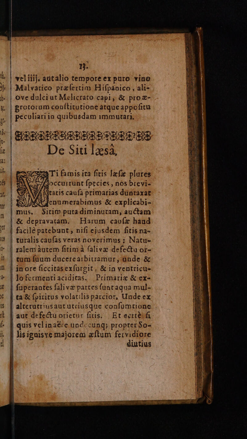 veliiij; aütalio tempore ex puro vino Malvatico przfertim Hifpánico , ali- ove dalciut Melicrato capi; &amp; proz- grotorum conítitutione atqueappofitu | peculiari io quibusdam immutari. | eas usSae P SSsSS3- meus De Siti 1253, —-— 3Ti famis ita fitis lzfz plures occuirünt fpecies , nos brevi- tatis caufá primarias düntaxat | Qo denumerabimus &amp; explicabi- | mus, $Sitim puta diminutam, auctam |&amp; depravatam. | Harum caufz haud | facilé patebunt, nifi ejusdem fitis na- | turalis caufas veras noverimus : Natue ralem àutem fitim à (alive defectu or- tum faum ducerearbitramur, ünde &amp; in ore ficcitasexfürgit, &amp; in ventricus Jofermentiaciditas. Primariz &amp; ex- füperantes falivz partes funtaqua mul- ta &amp; fpiritus volatilisparcior, Unde ex alterutriusaututciusque confümtione | aut defectu orietur fitis; Et ecrt&amp; f quis velinaé:ce uncccunq; propter $o- | lisigaisve majorem aftum fervidiore | ; diutius