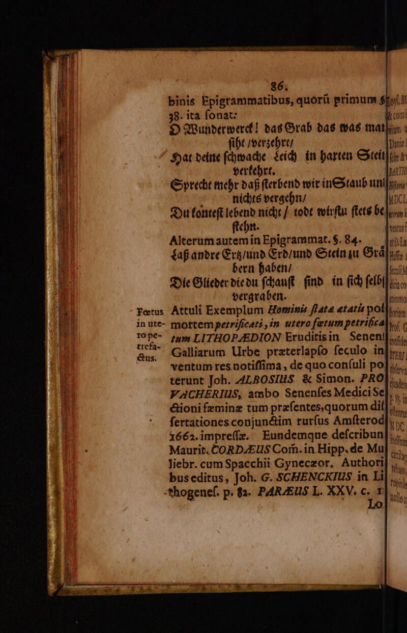 26, | binis Epigrammatibus, quoórü primum: $[o( i 38. ita fonat: T $) QBunbertoerd! bas Orab bas t646 tati : fibt /ectsebvti panic! $jat beüte fcosache $eid). in Darten Ctt] n VM vertebrt, Jon TH Gypredit taebr baf (Lerberib vit (nS taub uti; ; nídite eeracfn/ WDCL Sou fonteft lebenb níd)t /. tobt wwirftu ftet$ be)uss; ftcbn. venus Alterumautemin Epigrammat.$.84. — lw £af anbre Cr&amp;/ino Grb/uno Cteln gu Ord]. beca faben/ Tel Oi Glieberbíeon fdiau(t. inb. a fic) felb(Juso vergraben. [ommo foetus Attuli Exemplum Homini ff ate etatis pot lori trefa- au, Galliarum Urbe praterlapfo feculo inpr ventum res notiffima , de quo coníuli po]... terunt Joh. 4LBOSIliS &amp; Simon. PRO]... FACHERIUS, ambo Senenfes MediciSe], ,.. &amp;ioni feminz tum prefentes,quorum dil M fertationesconjuné&amp;im rurfus Amfterod T 1662.impreffz. Eundemque defcribun]... Maurit. CORDAEUS Corn. in Hipp. de Mu liebr. cum Spacchii Gyneczor, Authori| buseditus, Joh. G. SCHENCKIUS in Li thogenef. p. $1. PARJEUS L. XXV, rs tlusden Idfum tlg ty, Pts lio