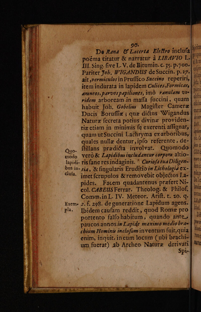 20. De asa € Lacerta. Eleffro inclufa) poéma citatur &amp; narratur à LIBAPIO L.| III. Sing. five L. V. de Bitumin. c. 35. p.700*| ait rerziculos in Pruffico Succino: reperiri, item indurata in lapidem Culrces;Forzicas, arantos, parvos papiliones, ÀmÓ. ranulam vie ridem atboream.in maffa fuccini, quam habuit Joh, Ge£elus Magifter Camera: Ducis Boruffiz ; que di&amp;us Wigandus| Naturz fecreta potius divinz providen-- tix etiam in minimis fe exerenti affignat, quam utSuccini Lachryma exarboribus,. 4o. ftillans predi&amp;a involvat. Quomodo lapidi- ris fane resindaginis.  Curios tuaDiligen- | bus in- /j4, &amp; fingularis Eruditio m Liz/ologia ex- dufa. imetfcrupulos &amp; removebit objectos La- | pides. Facem quadantenus prafert Ni- col.CABElSFerrar. Theolog. &amp; Philof. Comm.in L. IV. Meteor. Arift. t. 20. q. Exem. 2. f. 298. degeneratione Lapidum agens. | pa. Ibidem caufam reddit, quod Rome pro. portento falfohabitum, quando ante; paucos annos» Lapide maxima medio brae chium Hominis inclufuam inventum fuit,quia | enim, inquit, ineum locum ( ubi brachi- um. fuerat) ab Archeo- Nature. derivati) pidcs entra x ftttty ofc. Co ha (i tunt bmi tilep DeTe (Orts Di toni LT Mq