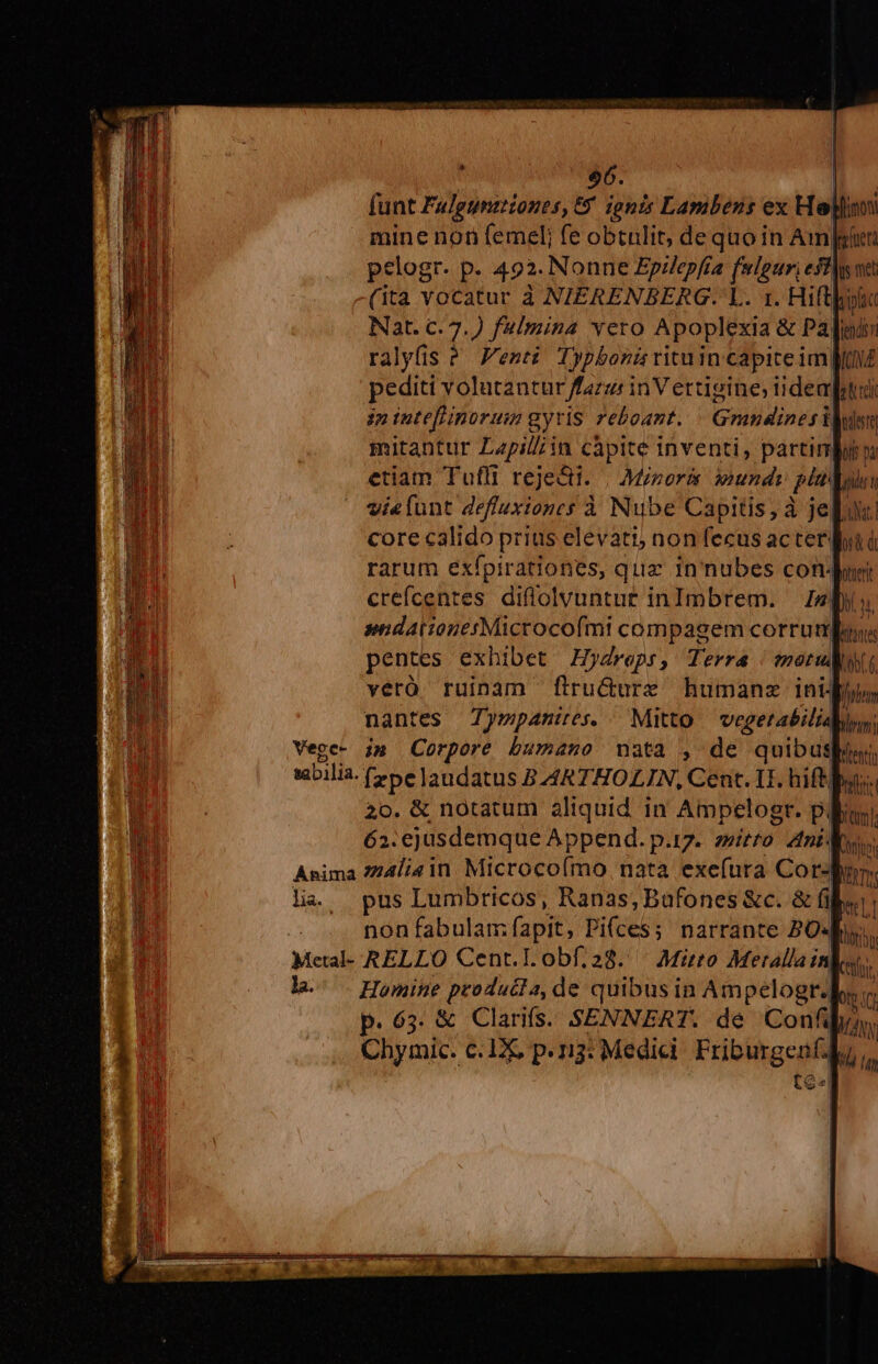 $6. funt Falgunziones, Y ionis Lambens ex Ho) mine non femel; fe obtulit, de quo in Amie pelogr- p. 492. Nonne Epdlepfía fulgur, efijg ne (ita vocatur à NIERENBERG-. L. 1. Hiftboli Nat. c. 7.) falmina vero Apoplexia &amp; Page ralyfis ? Fenti Typbonürituin capite im Qd peditt volutantur ffazgui inV ettigine; ideali ip inteflinoruim gyris reboant. — Grandines iden imitantur Lzpil//in càpite inventi, partim etiam Tuffi reje&amp;i. | Minori mundi pladglu vi«funt deffuxiones à Nube Capitis, à jeu core calido prius elevati; non fecus acter qu ü rarum exípirationes, qua in nubes conJun crefcenres diffolvuntur inImbrem. Is| nndationesMicrocofmi compagem corrum pentes exhibet Hydreps, Terra | meruit veró ruinam firu&amp;ure humane inij nantes Tympanies. . Mitto /— vegetabilia Vege- i» Corpore bumano vata , de quibushuy, sabilia- (»pe Jaudatus B4R7THOZJN, Cent. 11. hift| einn 20. &amp; notatum aliquid in Ampelogr. pb 62. ejusdemque Append. p.17. zeitro. Ani Anima 74li«in. Microco(mo nata exefura Corn
