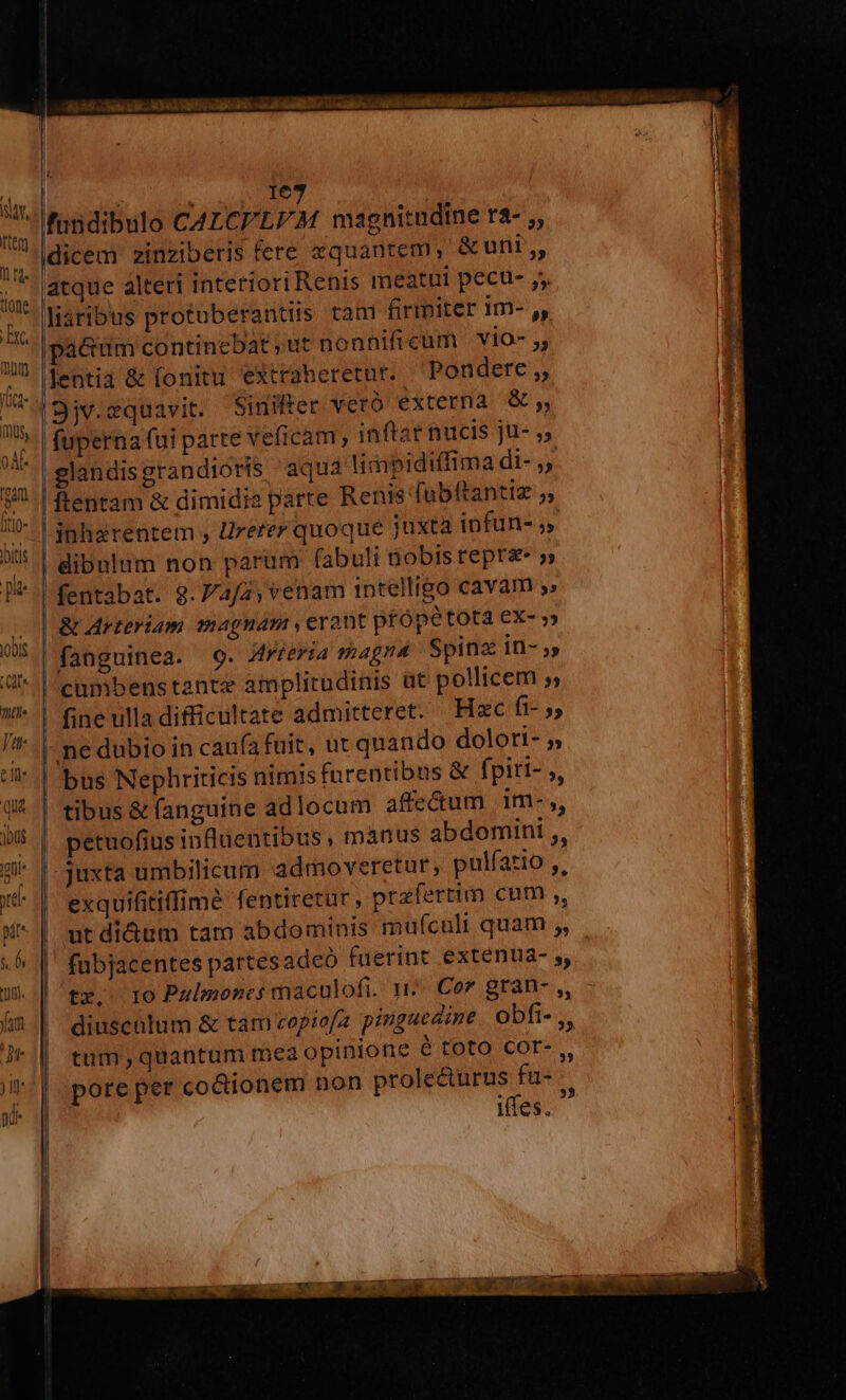 ias I ; : 167 endibulo CALCELPAM magnitudine ra- ;, ldicem zinzibetis fere xquantem, &amp;uni;, ut latque alteri interiori Renis meatul pecu- 5. WU Méribus protuberantiis tam firmiter im- jy pactum continebat ,ut nonhificum vio- ,; lia lentia &amp; fonitu extraheretur. . Pondere ;, 7 49jv. equavit. Sinifter veró externa &amp;,, ij | fuperna (ui parte veficam , inftar nucis ju- s» | glandisgrandrorts aqua limpidiffima di- ,, UR | Rentam &amp; dimidi parte Renis fübftantiz ;, H* !3nhzrentem , Urerer quoque juxta ipfun- X5 | dibnlum non parum fabuli nobis repr&amp;- 5 J| fentabat. 9.74fa, venam 1ntelligo cavam ,» . | t Arteriam magnam , erant pfópétota ex«» WS | fanguinea. 9. drreria magna4 Spinz in- ; 'cumbenstantz amplitudinis at pollicem y m | fine ulla difficultate admitteret. Hxc (ii. ne dubio in caufa fuit, ut quando dolort- 5 bus Nephriticis nimis fnrentibns &amp; fpiti- ;, qu | tibus &amp; fanguine adlocum affe&amp;um 1m-;, I5 | petuofiusinfluentibus, manus abdomini ,, d |-3uxta umbilicum admoveretur; pulíatio ,, Jt- | exquifitiffime fentiretur, prafertim cnm ;, i| utdi&amp;üm tam abdominis mufculi quam ;, «^ | fubjacentes partesadeó fuerint extentia- s, i | tx, I0 Pulmoncs maculofi. n4. Cor gran-,, -  fam | diusculum &amp; tam vopiofa pinguedine obfi- —n E Jk | tum,quantum mea opinione é toto cor- ,, li-| pore per co&amp;ionem non prole&amp;urus fu- iffes.