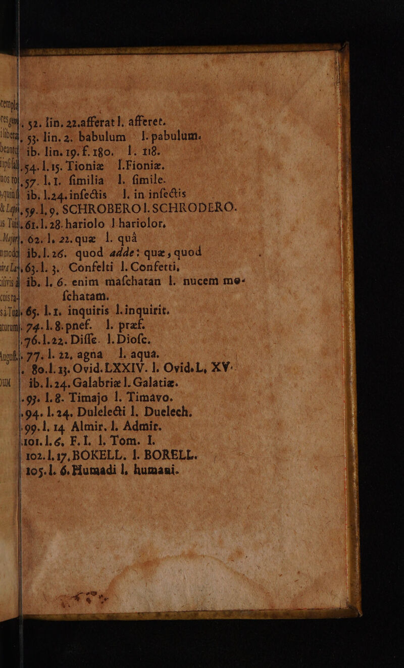 | | ttt I. 52, Din, 22.afferat l. afferet. 'ibtg, 5j. lin. 2. babulum — I. pabulum. Xu ib. lin. 19. f. 180. 1. 118. i a. l:.Tionie l.Fioniz. ur l.t. fimilia 1. fimile. quii jb.l.24.infedtis — .l. in infectis | 114i, $9.1, o, SCHROBERO Il. SCHRODERO. 5 Tul. 61.1, 28. hariolo Jl hariolor, dàn. 62.1. 212. quae 1. quà | imd] ib.l.26. quod 44e: quae; quod ill. 63.1. 3.. Confelti |. Confetti, jid db. 1. 6. enim mafchatan |. nucem me- cust Íchatam. Tp 6. 1.1. inquiris l. inquirit. w^ 74.1.8. pnef. ]. prat. 76.1.22. Diffc. 1. Diofc. uml). 77. 1. 22, agna l. aqua. | . 8o.1 13. Ovid. XXIV. 1; Ovid. L, XY-- UX |. ib.1.24. Galabriz l. Galatia. .97. 1.8. Timajo 1. Timavo. .94. 1.24. Dulele&amp;i 1. Duelech. :99. 1. 14. Almir. 1. Admir. 101. 1.6, F. I. 1. Tom. I. 102.1, 17, BOKELL. 1. BORELL. 105.1. 6, Huraadi l, humasi.