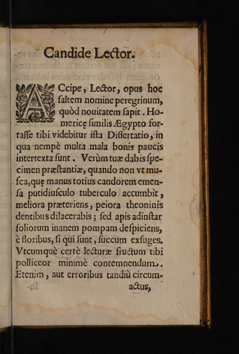 Candide Lector. 04/07 Ccipe, Lector, opus hoc TN 0) faltem nomine peregrinum, //758 j$ quod nouitatem fapit . Ho- merice fimilis Egypto for- taffe tibi videbitur ifta Diflertatio , in cimen preftantie quando non vt mu- fa puridiufculo tuberculo | accumbit , meliora prateriens, peiora. theoninis dentibus dilacerabis ; fed apis adinftar 6 floribus, fi qui funt , füccum exfuges, pelliceor minimé contemnendum... actus,