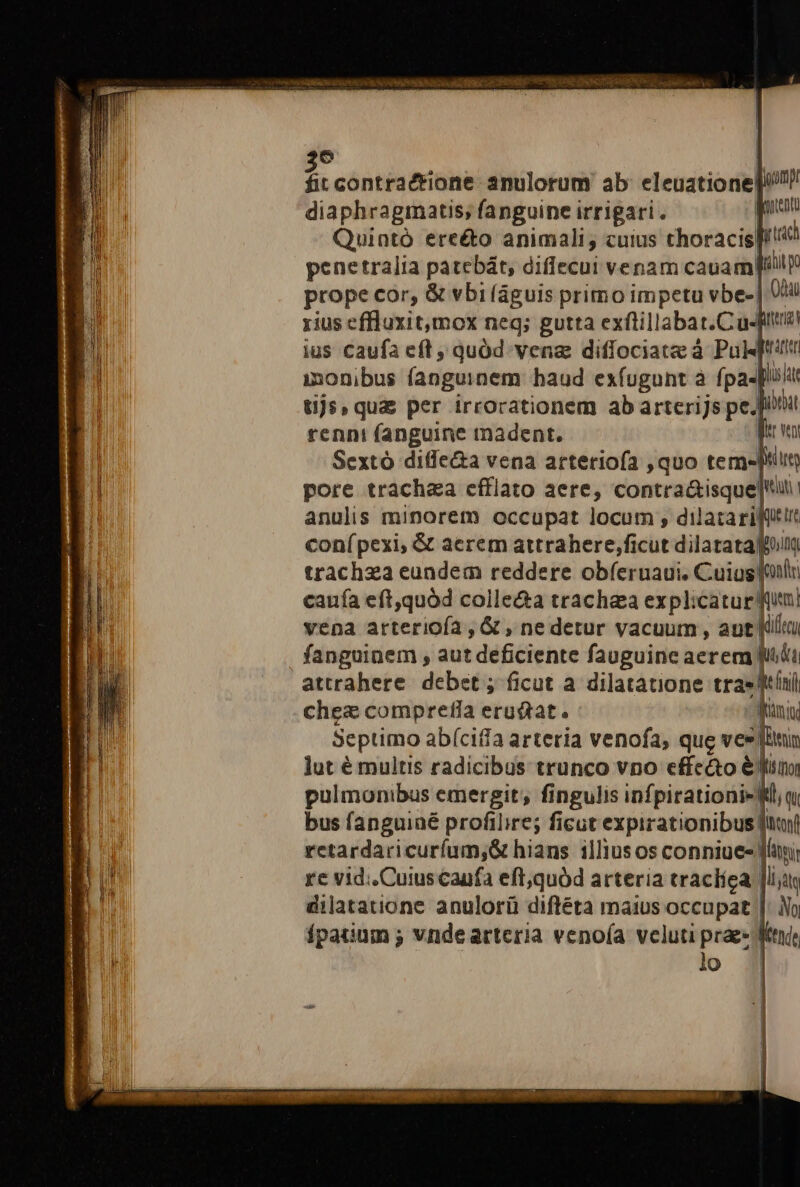 fit contractione anulorum ab: eleuatione]i/ diaphragmatis; fanguine irrigari. piam Quintó ere&amp;o animali, cuius thoracis]! penetralia patebát; diffecui venam cauam! ttt po prope cor, &amp; vbi (águis primo impetu vbe-| Ui rius cffluxit,mox neq; gutta exftillabat.C u-ftia ius Caufa eft , quód vena diffociate à Putin inonibus fanguinem haud exfugunt à fpa-[lil: tjs, qua per irrorationem ab arterijs pe. pinu renni fanguine madent. fer vn Sextó diffe&amp;a vena arteriofa ,quo temm pore trachaa cfflato aere, contra&amp;isque|l | anulis minorem occupat locum , dilatarifltit conípexi, &amp; aerem attrahere,ficut dilatata trachza eundem reddere obferuaui. Cuius [oli caufa eft,quód colle&amp;a trachea explicatur fum! vena arterioía , &amp; , ne detur vacuum, aut Kil fanguinem , aut deficiente fauguine aerem futi attrahere debet ; ficut a dilatatione bin chez comprefla erudtat. niu Septimo ab(ciffa arteria venofa, qug ves fltin lut é multis radicibus trunco vno effe&amp;o &amp;Yiii pulmonibus emergit fingulis infpirationi- Wl, q bus fanguiné profilire; ficut expirationibus [ui retardaricuríum;&amp; hians illiusos conniue- lf re vid:.Cuius caufa eft,quód arteria tractíea [liii dilatatione anulorü difléta maius occupat |: No Ípatium ; vndearteria venoía veluti prae d lo