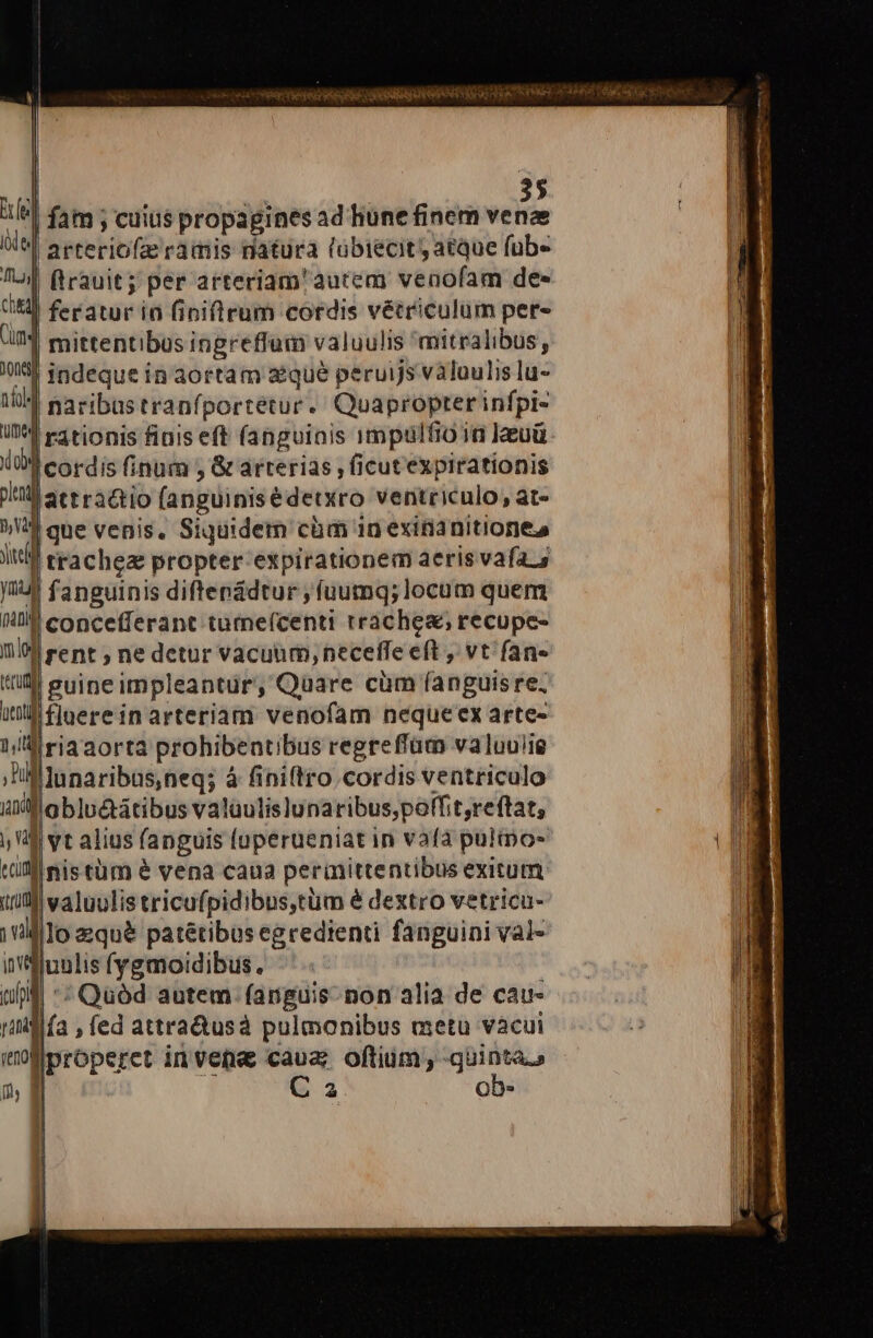 rfe iode /ILj | ched | Cms 10nti nio Um Xo plena WU NS fam ; cuius propagines ad hune finem venae arteriofz ramis natura (übiecit atque fübe flrauit; per arteriam'autem venofam de- feratur in (inifirum cordis vétriculum per- mittentibus ingreffuim valuulis *mitralibus, indeque in aortam zque peruijs valoulis lu- naribustranfportetur. Quapropterinfpi- rátionis finis eft fanguinis 1mpulfio ini Jaeuü. cordis (inum , &amp; arterias , (icut expirationis attractio f(anguinisédetxro ventriculo; at- que venis, Siquidem càüm in exitianitione trachez propter expirationem aeris vafa. s d panis fanguinis diftepádtur , íuumq; locum quem 'concefferant tume(centi trachez, recupe- mio rent, ne detur vacuum, neceffe eft ,. vt fan- ium guine impleantür, Quare cüm fanguisre, Pil nd a tung (tron jul inv (ufi rini (eno 0 g 1 lunaribus,neq; à finiftro cordis ventriculo ablué&amp;átibus valaulislunaribus,poffit,reftat; vt alius fanguis fuperueniat in vafa pulipo- Inistüm € vena caua permittentibus exitum valuulis tricufpidibus,tüm é dextro vetricu- lo zqué patétibus egredienti fanguini val- iuulis fvygmoidibus. | Quód autem. (anguis non alia de cau- |a , fed attra&amp;usà pulmonibus metu vacui |properet in vene cauz oftium , quinta.» | C a ob-