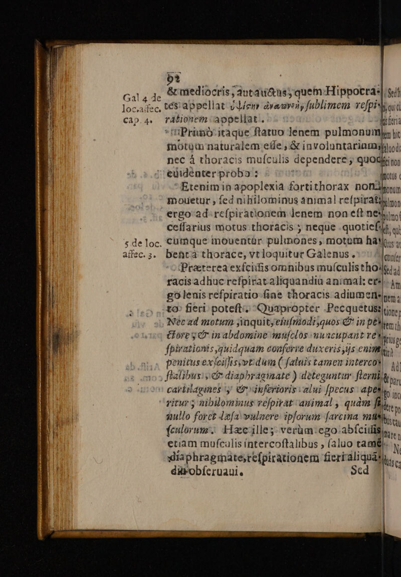 pt | SMS &amp; mediocris, atas; quem Hippocr sut locadec, té$ appellat Lem dvadyeny fablimem refpis qid CD. 4. rationem appellat .-- - fis feria 'i«Primó-itaque ftatuo lenem pulmonum ji inotum naturalem ete ,:&amp; involnntarinmhii nec à thoracis muículis dependere ; quodin eüidenter probo : i Etenimin apoplexia fortithorax nondl mouetur , fed niliilominus animal refpiratign ergo ad. re(pirationem jenem non eft ness ceffarius motus: thoracis ; neque quotiefif .; 5 de loc, Cumque inouentàr pulmones , motom hats affec. 3. pes à thorace, vtloquituc Galenus. lconfer Praeterea extcitis omnibus mu(culis tho. B ioi adhuc refpirat aliquandiu animal: e£sj. is l gó leuis refpiratio (ine thoracis adimere. | to- fieri: poteft. Quapropter Pecquetüstli. Nec zd motum jinquityeiufniodi,quos C? in pEMe,,  Gore y cr in abdomine mufclos nuscupant CM fpirationis quidquam conferre duxevis js. eninmtsa ^ penitus exfeillisyet: dum ( faluis tamen iatercos Ad , flalibus: y ef diaphraginate ) deteguntur feri, 0 cartilagines y. erguferioris valui [pecus apes| Io in ritur, nibilominus vefpivat animal , quam ái bus, jiullo forct Jefa walaere ipforum farcina ml. feulorum; kizcilley verüm.ego-abfcillis etiam mufc: Jis ilétcoftai ibus , (aluo tame. N E diaphraginátesrefpirationem fieri Sed pen bu ditrobícruaui. Scd