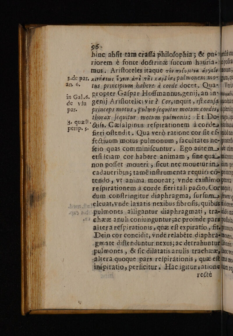 66: hinc; abfit tam eraffá philofophia; &amp; puel lia riorem é fonte do&amp;rin fuccum hauria- fipofa mus. Ariftoteles 1 itaque 0p avévptya dpyste AU; 3.de par, xavitetos Sytiv. daa 78: zapdias pulmonem moin aM 6. — tus principium babere: à corde docet. Quas Veri n G4l,c, Propter Ga(par Hoffmaonnusgenij, an insinudi de vfu. genij Ariflotelicivir 2: Corjinquit , efl.caufa Mod par. puinceps motus ; pulo fequitur motum cordissWplils thorax, Jequitur motum pulmonis; Et Dosis i a  Gifs. Gaz(alpinus refpirationem à cordea fiui vidt fieri oftendit, Qua veró ratione cor fit ef: Id te bi fc&amp;iuum motus pulmonum , facultates ner| roce ício quas comminifcuntur. Ego autem y du etfiiciam cor habere. animam ; fine quát] Microc non poffet moueri ;.ficut nec mouetür 1n fun y cadaueribuss taméinflrumenta requirrcáepricg tendo , vt-anima; moueat ; vndc exiflimoptu valniratipaeph. à corde fieri tali pa&amp;o; Cor. qut, dum conflringitur diaphragma, furfum. tir, :, eleuat;, vnde laxatis nexibus fibrofis; quibüs ete pulmones ailligantur diaphragmat , traeilüin; ! che. anuli coniunguntur;ac proinde parspoil altera refpirationis, qna cft expiratio , fitsfrony, Dein cor concidit; vnde relabéte.diaphrásmur, | EE .gmate diftenduntur nexus;ac detrahuptutllini, | PM pulmones , &amp; fic dilatatisanulis trachaezey T Altera.quoque ;pars refpirationis qu&amp; efti n, infpiratio, perficitur. Hac jgitur satione re | MU | recé || | | ||