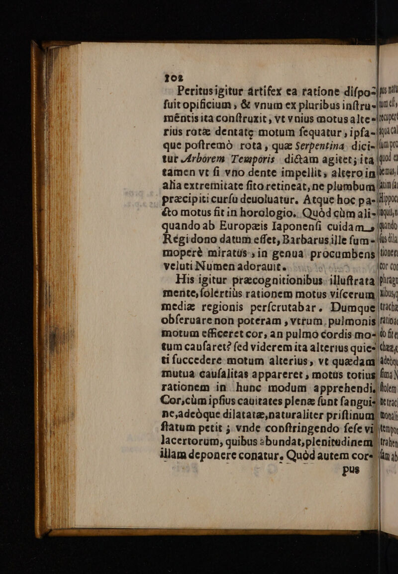 202 Peritusigitur ártifex ea ratione di(poz|jiil fuitopificium ; &amp; vnum ex pluribus intra |ud, méntis ita con(lruxit , vt vnius aotus ate «[itopt! rius roti dentate motum fequatur , ipfa- |i que poftremo. rota , qua Serpentina: dici- b. tur yfrborem Teuporis di&amp;am agitet; ita |o à tamen vt fi vno dente impellit; altero ig|ku alia extremitate fito retineat, ne plumbum iinü pracipiticuríu deuoluatur. Atque hoc pa- lp éto motus fit in horologio.. Quód cüm ali- qu quando ab Europzis Iaponeníi cuidam s |t Régidono datum effet, Barbarus ille fum - fidis moperé miratus:, in genua. procumbens |l velutiNumenadorauit. 750 Kor co His igitur pracognitionibus. illuftrata piu mente,folértiüs rationem motus vií(cerum, lbi; media regionis perfícrutabar. Dumque tiii obferuare non poteram , vtrum. pulmonis |fttioi motum efficeret cor; an pulmo cordis mo- (tt tum caufaret? fed viderem ita alterius quies daz; ti fuccedere motum alterius, vt quaedam ati mutua caufalitas appareret ; motus totius, fin: rationem in. hunc modum apprehendi, lla Cor;cüm ipfius cauitates plena funt fanguis Mtt nc,adeóque dilatate,naturaliter priftinuam tuj flatum petit ; vnde copftringendo fefe vij tty; lacertorum; quibus sbundat;plenitedinem) trie illam deponere conatur, Quód autem cor«' inj) | c Pw | |