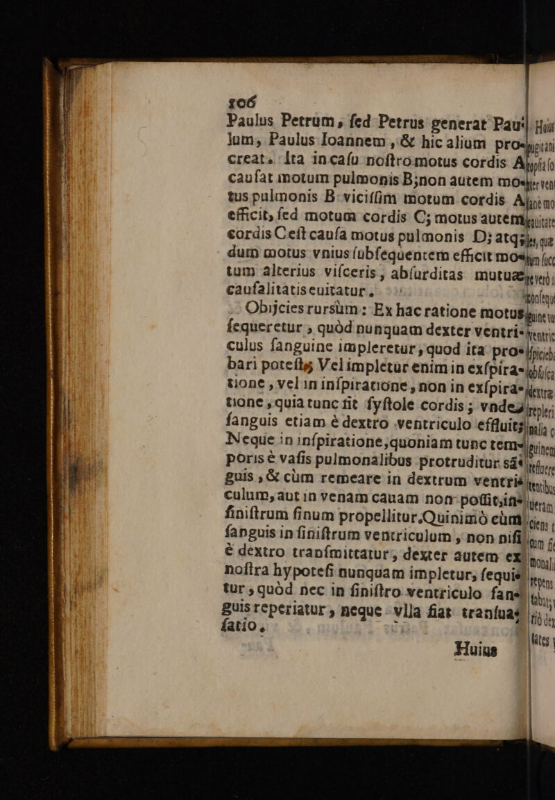 chro meter eme 106 Paulus Petrum, fed Petrus generat Pau| nii lum; Paulus Ioannem , &amp; hic alium Prin creat. lta incaíu noftro motus cordis Aopí o caufat inotum pulmonis B;non autem (DOsjeryen tus pulinonis B: viciffim motum cordis Ajyin; efficit; fed motum cordis C; motus 3Ut effluit: cordis Ceít caufa motus pulmonis D; atq; qui durn cotus vnius (übfequentem efficit mosjy iv; tum alterius viíceris , ab(urditas mutuae yen; caufalitatiseuitatur, tonftq Obijcies rursüm ; Ex hac ratione ImotuS iri fequeretur ; quód nunquam dexter ventris. culus fanguine impleretur , quod ita profiad bari poteítg Velimpletur enimin exf pira* (ii tone , velin infpiratione , non in ex(pira* ini; tionc , quia tunc fit fyftole cordis ; vndegiy ler fanguis etiam é dextro .ventriculo effluit$ij; finiftrum finum propellitur.Quinimió cütti c, fanguis in finiftrum ventriculum , non nifi. ;, € dextro trapímittatur, dexter autem ex toy nofira hypotefi nunquam impletur, fequis ttn tur ; quód nec in finiflrro ventriculo fans Itu guis reperiatur neque - vlla fiat: traníuas tibia fatio, Z m Huius