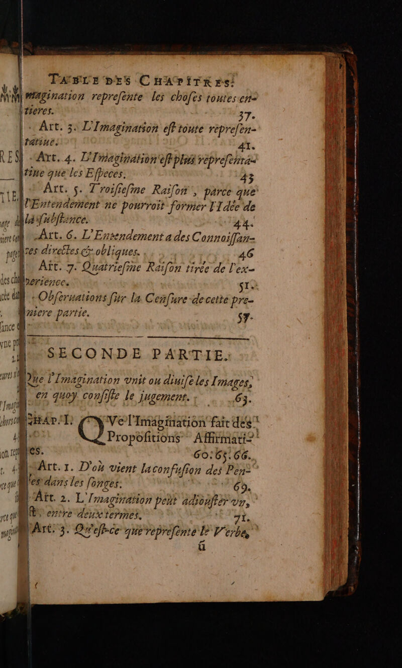 FABLE bESs CHAPITRE pe! Mi Mgination reprejente les chofes tontesen- Tieres. 37- Art. 3: L'Imagination efftonte repre[en- fi ù | tai Hé. AT. | qi RES “Are. 4. L'Imaginätion'eff Pln reprefenras (PA | | LEZ que les Effeces. 43 pal 3 Art. s. T roifiefme PRE &gt; PArce que ji V'Ertendement ne ponrroit former L'Tdée de HR fe À (F LL DfB ñCe. 44 | ih A | Art. 6. L'Entendement a des Connoiffan- On | nl ces direbles .obli ques. 46 ) | Aït. 7. Quatriefine Raïfon tirée de l'ex LLN es ci berience. &gt; vi ce :Obféruations fur la C cnfure decette pre- (e Quicre partie. 7: ince L: yo pl d AL SECONDE PARTIE. Que l'Irmagination vnit ou diuifeles Images, | quo. confife le jugement. 63. hr Ar 2 Q%: | l'Imägination fait des: . 14 Propoftions Affrmati? on à 60: 65.66... 14 3% 1. D'où Vient La Confifion des Pen- hs CL h les Sdans les fonges. 6b. l At 2. L' Imagirätion pent adsonffer VU rit entre deux termes. Ji. pl 4er e rep! rba. Jhe 15 l'Art. 3. Qeffce que reprefente L°V'erbe, 4 41 die | Wf | : ( #