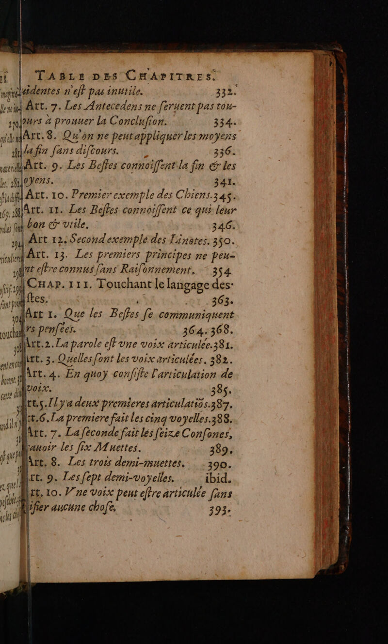 sidentes n'eff pas inutile. 332. hr Àrt. 7. Les Antecedens ne feruent pas tou- 2oi2#rs a prouuer La Conclufion. 334. a JArt. 8. Qu'on ne peutappliquer les moyens ile fans difcours. 336. 1} À Les Befles est la £ &gt; les pt. 9. Les Beftes connoïffent la fin ér les x N10VEnS. 341. sal Art. 10. Premier exemple des Chiens. 345: Art. 11. Les Béftes connoiffent ce qui leur bon € vtile. 346. Art 12. Secondexemple des Linotes. 350. “um At. 13. Les premiers principes ne peu- rt fre connus fans Raionnement, 354 Cuap.111, Touchant le langage des- | kfkes, 3 Pr lArr 1. Que les Beffes [e communiquent rs penfées. 364:368. Axt.2. La parole eff vne voix articulée.381. Airt. 3. Quelles font les voix articulées. 382. {Ârt. 4. En quoy confiffe l'articulation de uoix. 385. A'auoir les fix Muettes. 389. Mrt. 8. Les trois demi-muettes. 390. ct. 9. Les fept demi-voyelles. ibid. , ut. 10. Vue voix peut effre articulée fans Mifier aucune chofe, 393 Bi La {  de nr _— sd pt nr