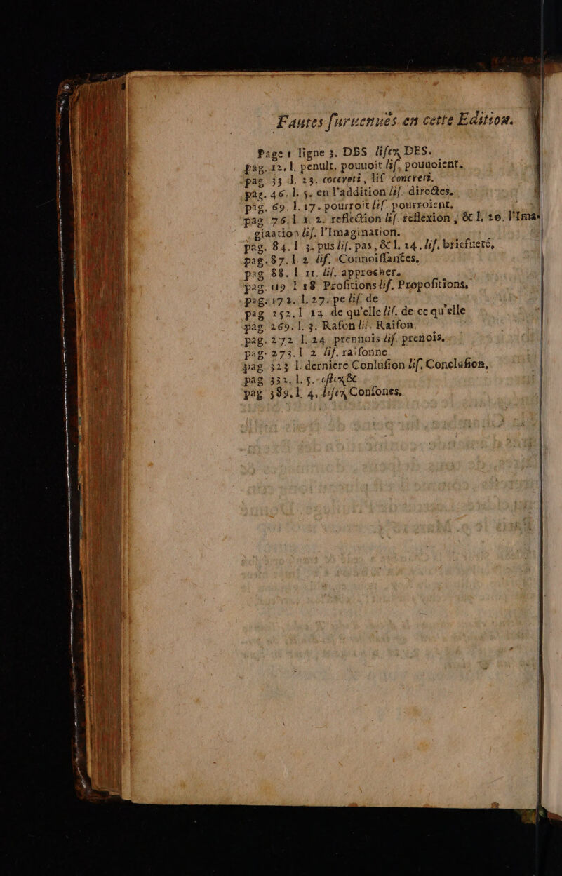 Fautes furuenuës.en cette Edition. Pages ligne 3. DES difen DES. pag. 12. L penult, pouuoit léf, pouuoient. pag. 33 d. 23. coccveri, li concret. pag. 46. 1. 5. en l'addition #f dire&amp;es. ;l pig. 69. 17. pourroit ef pourroient, ag 76,1 à 2. reflcéion k{ reflexion , &amp; L10. FImai giaatios 4]. l’Imagination. pag. 84.1 5. pus hf. pas, 80. 14, dif, bficfueté, pag. 87.1. 2 dif. Connoiflantes. pag $8. 1 rr. dif, approcher. pag. 9 8 Profitions hf. Propoñtions, pag-172. L29.pedf. de pag 252.1 24. de qu'elle /if. de ce qu'elle pag. 269. |. 3. Rafon bij. Raïfon. pag. 272 |. 24 prennois dif. prenois. pag 273.1 2. /if. raifonne derniere Conlufion if. Conclufon, pag 323 L. pag 332.1. $.-cfnêc