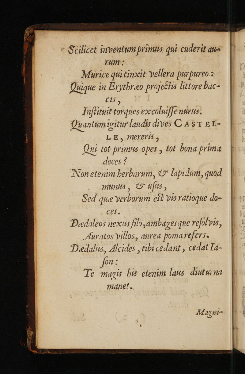 * Scilicet inventum primus qui cuderit ati YU : . Murice quitinxit vellera bru: 2 Quique in Erytbreeo proje£tis littore bac- Cis Tn[htuit torques ex coluiffe nurus. Quantum igitur landis diyes C A $ 1 £E- L E , 1ΕΥΕΥΟ» Qui tot pr ptis opes , tot bona prima doces * INon etenim berbarum, €? lapidum, quod nitnus , Cm ufa Sed que verborum est vis ratioque do- (05. Όοια]ρος nexus filo ambagesque refolyis, luratos illos, aurea pomarefers. Dedalus, Alcides , tibi cedant , cedat Ia- fon : | Τε magis bis etenim laus. diuturna manet. | 
