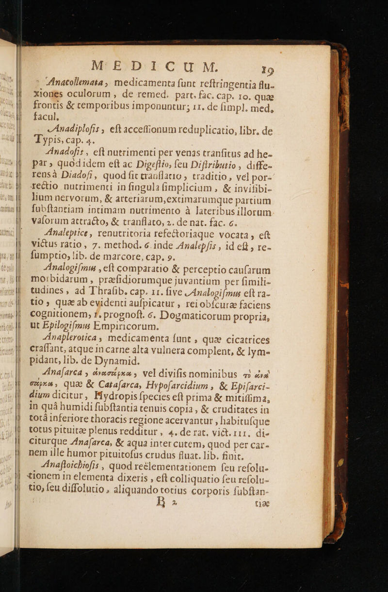 τή T k I ΜΕΡΙ C U M. 19 Pd Inacollemata, medicamenta funt reftringentia flu- xioues oculorum , de remed. part. fac. cap. 1o. quae frontis &amp; cemporibus imponuntur; 11. de fimpl. med, facul, vAnadiplofis , eft acceffionum reduplicatio, libr. de Typis, cap. 4. 4Inadofis , eft nutrimenti per venas tranfitus ad he- par» quodidem eft ac Digeflio, feu Diflributio , diffe- rectio nutrimenti in fingula fimplicium , &amp; invifibi- lium nervorum, &amp; arteriarum,excimarumque partium [ubftantiam intimam nutrimento à lateribus illorum vaforum attracto, ὃς tranflato, 2. de nat. fac. c. Analeptice , renutritoria refectoriaque vocata , eft victus ratio, 7. method. 6. inde Analepfis , id ef , re- fumptio, lib. de marcore, cap. ο. Analogifmw , eft comparatio &amp; perceptio caufarum moirbidarum , praefidiorumque juvantium per fimili- tudines , ad T'hrafib. cap. 11. five JAnalogi[mus eft ra- tio ; qua ab evidenti aufpicatur , rei obfcura faciens cognitionem, f. prognoft. 6. Dogmaticorum propria, ut Epilogifmus Empiricorum. naplerotica , medicamenta funt , quae cicatrices craffant, atque incarne alta vulnera complent, ὃς lym- pidanc, lib. de Dynamid. na[arca , dvaezipxo , vel divifis nominibus τὸ zy σοκ» Qua &amp; Cata[arca, Hypo[arcidium , ὃς Epifarci- dium dicitur, Mydropis fpecies eft prima &amp; mitifima, in quá humidi fubftantia tenuis Copia , &amp; cruditates in totá inferiore thoracis regione acervantur , habitufque totus pituitae plenus redditur , 4. de rat. vict. rir. di- citurque Zna(arca, &amp; aqua inter cutem, quod per car- nem ille humor pituitofus crudus fluat. lib. finit. AInaftoicbiofis , quod re&amp;lementationem feu refolu- tionem in elementa dixeris , eft colliquatio feu refolu- to, eu diffolutio , aliquando totius corporis fübftan-                                                   