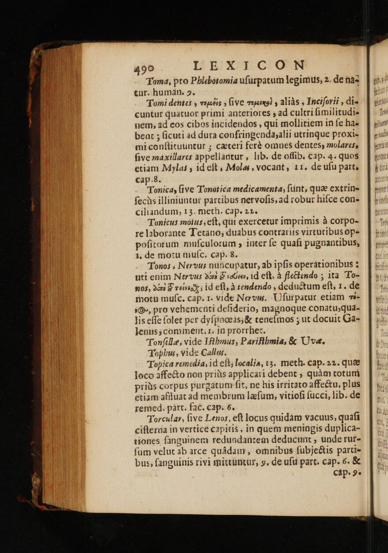 90 . να ο ο ο ον, Toma, pro Pblebotomia ufurpatum legimus, 2. de na» tur. humdn. 2. Tomi dentes , τοµεξίο ν (ive τορεικοὶ y aliàs , Inciforii , di« cuntur quatuor primi anteriores ; ad cultri fimilitudie nem, àd eos cibos incidendos , qui mollitiem in fe ha. beat ; ficuti ad dura confringendasalii utrinque proxi- mi conftituuntur ; cateri feré omnes dentes; molares; five axillares appellantur , lib. de offib. cap. 4. quos etiam Mylas ; ideft , Molas, vocant, 11. de ufu part, cap.8. Τοπία [ive 'Tonetica medicamenta; lünt, quae extrins fecis illiniuntu£t partibus nervofis; ad robur hifce con» ciliandum; 13. meth. caps 22. | Tonicus moius, eft, qui exercetur imprimis à corpo- re laborante T'etano; duabus contrariis virtutibusope pofitorum mufculorum ; inter fe quafi pugnantibus, 1, de motu mufíc. cap. 8. Tonos , Nervus nubicupatur, ab ipfis operationibus : uti enim Nervus 323 ᾧ σύειν, id eft. à fleckéndo ; ita. 'To- 505, 223 ὃ τείνεοχ» s id efl, à rendendo , deductum eft, 1. de motu mufc. cap. 1. vide Nervis. Ufurpatur etiam τε- $9», pro vehementi defiderio, magnoque conatu;qua- lis effe (olet per dyfpinceis;&amp; tenefmos ; ut docuit Ga- jenuss comment. r. in prorrher. Tonfille, vide Iftbmus, Parifibmia, &amp; Ue. Topbu:, vide Calls. Topica remedia id eft; localia, 12. meth. cap. 22. quee loco affe&amp;o non priüs applicari debent ; quàm totum pris corpus purgatum fit, ne his irritato affectu, plus etiam affluat ad membrum lafum, vitiofi fucci, lib. de remed. pátt. fac. cap. 6. Torcular, five Lenos, eft locus quidam vacuus, quafi cifteraa in vertice capitis , in quem meningis duplica- tiones fanguinem redundantem deducunt ; unde rur- fum velut ab arce quádam, omnibus fübje&amp;is partie bus, fanguinis rivi mittüntür, s. de ufu part. cap. 6. ὃς cap. 2ο eun μή ll 