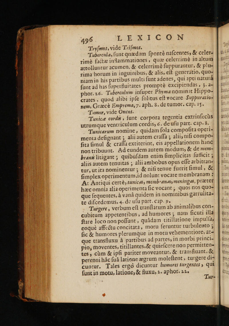Tubercula, funt qnaedam fponté nafcentes; &amp; celer- rimà factae inlammationes , quae celerrimé 1n arum attolluntur acumen, &amp; celerrimé fuppurautur, &amp; piu- rima horum in inguinibus, &amp; alis, eft generátio, quo- niamin his partibus multi funt adenes, qui aptt naturá funt ad has füperfluitates prompte excipiendas , 3. a- phor. 26. Tuberculum infuper Pbyma nominat Hippo- crates , quod alibi ipfe folitus eft vocare $uppuratio- nem, Graecé Empyema, 7. aph. 8. de tumor. cap. 15. Tumor, vide Oncos. Tunice cordg , funt. corpora tegentia extrinfecüs utrumque ventriculum cordis, 6. de ufü part. cap. 8. - Tunicarum nomine , quidam fola compofita operi- menta defignant ; alii autem craffa ; alii; nifi compos fita fimul &amp; craffa extiterint, eis appellationem hanc nontribuunt. Ad eundem autem modum; &amp; de mem- branslitigant ; quibufdam enim fimplicitas fufficit ; aliis autem tenuitas ; aliiambobus opus effe arbitran-. [| tur, ut ita nominentur ; &amp; nifi cenue fuerit fimul , &amp;; |. fimplexoperimentum,id nolunt vocare membranam 2 [i Αι Antiqui certe, tunicdi, membranas meningas, praeter hacomnia aliaoperimenta fic vocant ; quos nos quo- que fequentes, à vaná quidem in nominibus garrulita- te difcedemus, 4. de ufu part. cap. 9. - Turgere , verbum eft tranflatum ab animalibus con-. ] cubitum appetentibus , ad humores ; nam ficuti illa ftare loco non poffunt , quádam titillatione impulfa, eoqué affe&amp;u concitata, moru feruntur turbulento ; fic &amp; humores plerumque in motu vehementiore, at- que transfluxu à partibus ad partes, in morbi princi- pio, moventes, titillantes.&amp; quiefcere non permitten- tes cüm &amp; ipfi pariter moveantur, &amp; transfiuant, ὃς perenni hác fuà latiene aegrum moleftent , turgere di^ cuntur. Tales ergó dicuntur bumores turgentes » qui funt in motu, latione; &amp; fluxu; 2. aphor. 22. | Tur- 