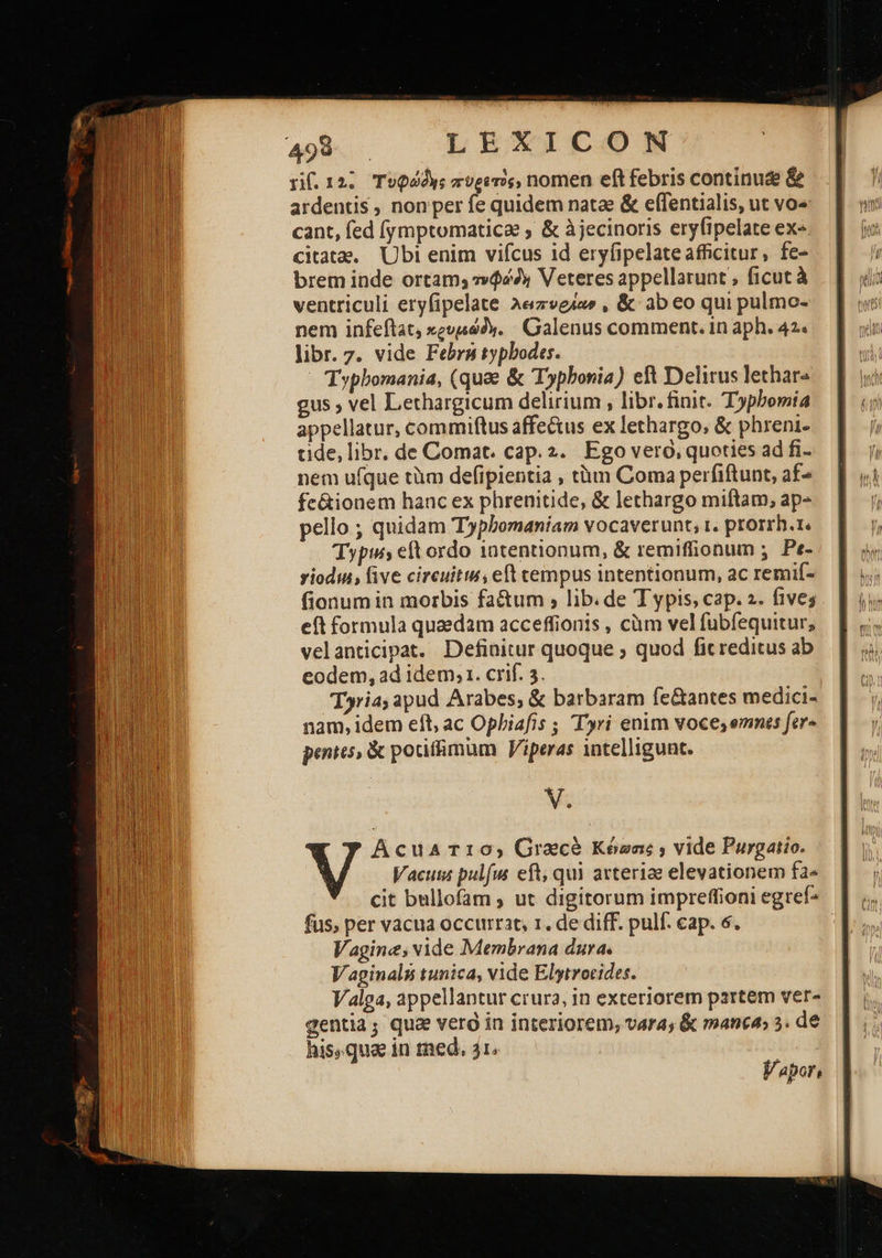 499 . LEXICON ri. 12: Τυφώδις πυρετὸς, nomen eft febris continude δὲ ardentis, non per fe quidem natae &amp; effentialis, ut νο” cant, fed (ymptomatica ; &amp; àjecinoris eryfipelate ex- citata. Ubi enim vifícus id eryfipelate afficitur, fe- brem inde ortam; »v444y Veteres appellarunt , ficut à ventriculi eryfipelate aezveiae , &amp; ab eo qui pulmo- nem infeftat, κευµώδῃ. - Galenus comment. in aph. 41. libr. 7. vide Febra typbodes. - Typbomania, (quae δι Typhonia) eR Delirus lethare gus ; vel Lethargicum delirium , libr.finit. Typhomia appellatur, commiftus affe&amp;us ex lethargo, &amp; phreni- tide, libr. de Comat. cap.2. Ego vero, quoties ad Π.. nem ufque tüm defipientia , tm Coma perfiftunt, af^ fe&amp;ionem hanc ex phrenitide, &amp; lethargo miftam, ap- pello ; quidam Typbomaniam vocaverunt, t. prorrh.t. Typw; eft ordo 1atentionum, &amp; remiffionum ; Pe- riodin, five circuitus, eft tempus intentionum, ac remif- fionum in morbis fa&amp;um , lib. de T ypis, cap. a. fives eft formula quaedam acceffionis , cüm vel fubíequitur, velanticipat. Definitur quoque ; quod fic reditus ab eodem, ad idem; 1. crif. 5. Tyria, apud Arabes, &amp; barbaram fe&amp;antes medici- nam, idem eft, ac Opbiafis ; Tyri enim voces enmes fer- penits, &amp; potiffimum Viperas intelligunt. Vapor, 