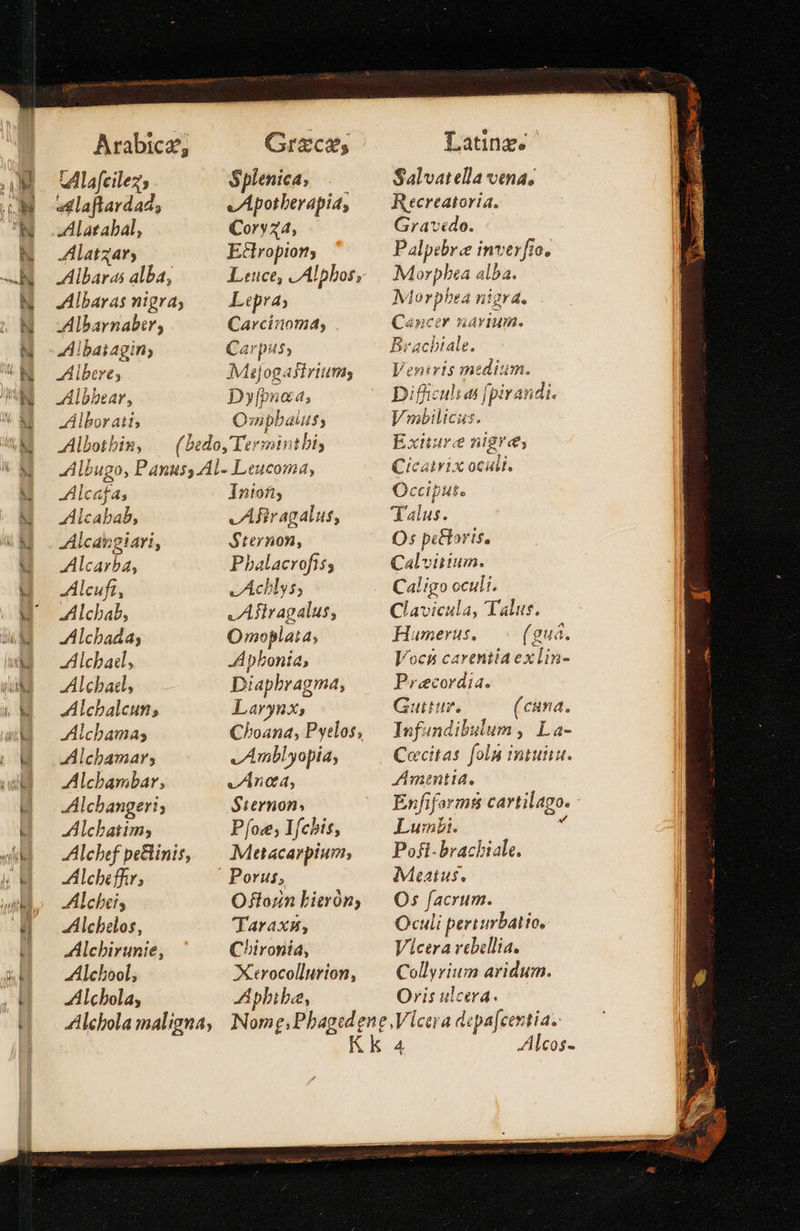  n. n.  Arabicz, ος «dlaftardad; Alatabal, JAlatzar, Albaras alba, Albaras nigra; Albarnabor, Aibaiagin; Albere; Albhear, Alborati; Albotbin, σε, Splenica, vApotberapia, Coryz4, Ectropion; Lepra; Carcínoma, . Carpis, Muajogasirium Dyfpuc4, Q mpbal £$5 Alcafa; Alcabab, Alcavgiari, Alcarba, Alcuft, Alchab, AAlchada; Alchail, Alcbacl, A:Alchaleun, Alchamas Alchbamayr; Alcbambar, Alchbangeri; Alchatim; ZAlchef peBinis, :Alcheffir; Alchei, “ἰεβείο», Alchirunie, AAlchool, Alchola, “Ιεροί maligna, Into, v Afiragalus, Sternon, E CAN V, Achlys, vAflragalus, Omoplata; A pbonia, Diaphragma, Larynx; Choana, Pyelos, vAmblyopia, vAÁnoa, $ternon; Pfoe; 1fcbis, Mettacarpium, Porus; Oflozn Lierón; Ταχ, Chironía, X«rocollurton, pbi be,                                     Latine Salvatella vena; Recreatoria. Grav«edo. Ραἱρεθνα i inverfi fio, Morpbea alba. Morpbea nigrá. Cancer navium. Bracbtale. Ventris medium. Difficult ai fpirandi. Vwmbilicus. Exiture nigrae, Cicatrix ocáli. Occiput, 'Talus. Os pctloris. Calvitium. Ca ligo oculi. Clavicula, Talus. Humerus. (guá. Vocn carentia exlin- Preecordia. Guitur. (cana. Infundibulum , La- Cocitas fola intuitu. AÁmsntid. Enfifarmi cartilago. Lum. Pofi-brachiale. iMeaius. ου facrum. Oculi perturbatio. Vicera rcbellia. Collyrium aridum. Oris ulcera. LI 4 Alcos-  