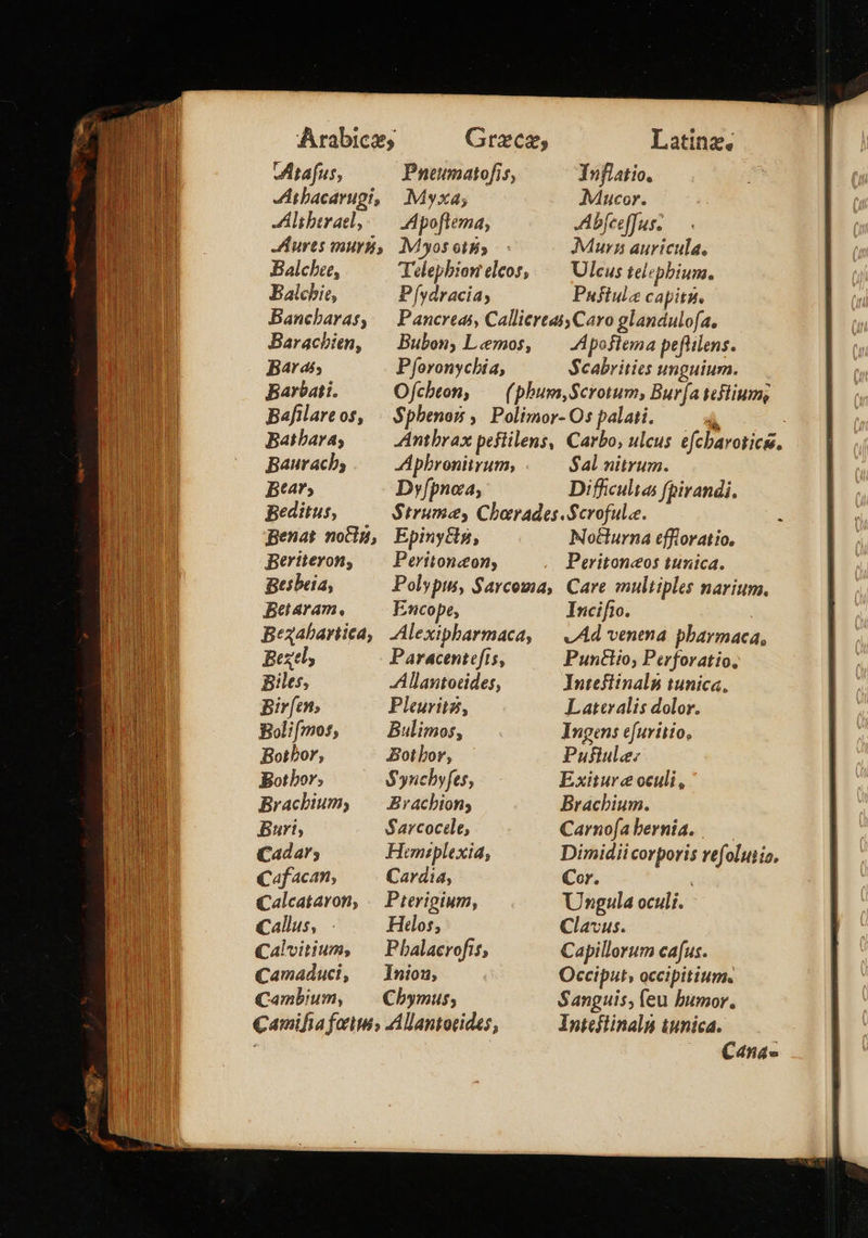 Ἀταδίσαν Αμα, At bacarugi, Alt berael, Hurts 1Η, Balchee, Balcbie, Bancbaras, Baracbien, Bara; Barbati. Bafilare os, Batbara; Baurach, Bears Beditus, penat notg, Beriteron, Besbeia, Beldram, Bezabariica, Beztl, Biles, B5 jr fe 9» Boli f 7004; Botbor , Bot hor » Buri; Cad 4Γ9 Cafacan, Calcataron, Callus, Calvitium; Camaduci, Cambium, Pneumatofis, Mvxa; Apoflema, Myos oisi Pfíydracia; Latinz. Yuflatio. Mucor. Abfceffus. Mura auricula. Ulcus tel epbium. Puftule capits. Pforonychia, Ofcbeon, A poflema pe :flilens. Scabrities unguium. Apbroniirum, Dyfpnoa; αἱ nitrum. Difficult fpirandi. Epinyély, Pevitonaon, Encope, Paracentefts, Allantoeides, Pleuritz, Bulimos, Botbor, Synchyfes, Sarcocile, Hemiplexia, Cardia, Pterigium, Hilos; Pbalacrofis, Inion, Chbymus; No&amp;urna effloratio. Peritoncos tunica. Care multiples narium. Incifto. vAd venena pbarmaca Puntlio, Perforatio. Inteflinaln tunica. Lateralis dolor. Ingens efuritio, Pufiule: Exiture oculi, Carnofa bernia. Dimidii corporis vefolutio, Cor. i Ungula oculi. Clavus. Capillorum cafus. Occiput, occipitium. Sanguis, feu bumor. Inteflinaln &amp;unica. 