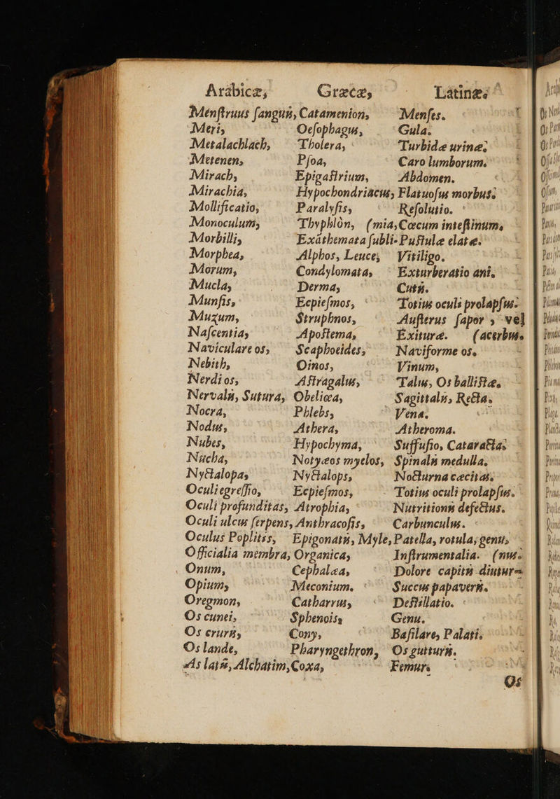  Aràbicz; Graecas Muri; Oefophagus, Metalachlacb, — Ybolera, : Metenen; Pfoa, Mirac, Epigaflrium, Látineé ^ μία. Turbide urine; Caro lumborum. Zbdomen. Morpbea, ZAlpbos, Leuce; Morum, Condáylomata; Mucla, Derma; Μάης, Ἑερίεβπου, Muzum, Strupbnos, Naícentiay ——— .Apoflema, Naviculareos; — Scapbodides; Nebitb, Oinos, Nerdios; Aftragalus, Nervaln, Sutura, Obeliea, Nocra, Plebs, Nodus, Atbera, Nubes, Hypochyma, Niucba, Notycos myelos, Nytlalopas Nytalops, Oculiegreffto, Ecpiefmos, Oculi profunditas, Atropbia, Oculi ulcus ferpens, Antbracofis, Vitiligo. Exturberatio ani, μή. Totius oculs prolapfui- JAufterus fapor ; ve] Éxiture. — (acubm, Naviforme os. | Vinum, Talu; O: ballifice, Sagittals, ReGla., Aitberoma. Suffufto, CataraHa, Spimaln medulla. Not&amp;lurna cecitat. Totim oculi prolap[t. Nutrition defeClus. Carbunculus. O fficialia membra, Orgarica; Onum, Cepbalaa, Opium; Meconium. Oregmon, Catbarrus, O: cunei, Spbenoiss O: Ην (ο, O; lande, Pharyngethron, ads latos, Alchatim,Coxa, Inflrumentalia. (nw. Dolore capitn -diuiures Succ papavers. Defhillatio. Genu. Bafilare, Palati. Osguiturg. Femnuri 