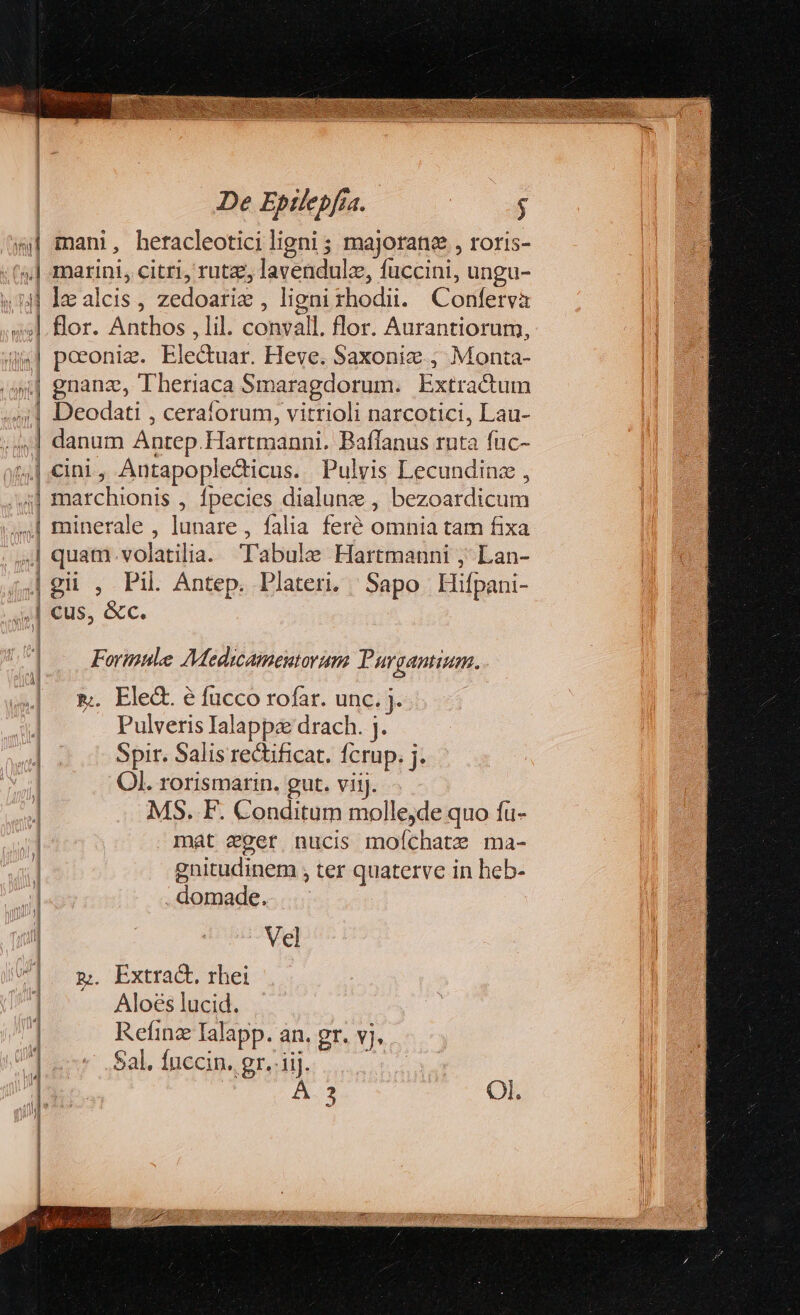 $i mani, heracleotici ligni ; majorane , roris- ;.] marini, citri, rutz, lavendulz, fuccini, ungu- 41 Ilo alecis, zedoarie , ligni rhodii. Conferva 5l. flor. Anthos ,lil. convall. flor. Aurantiorum, 44] poeonie. Electuar. Heve. Saxonic.,; Monta- 4| gnanz, Theriaca Smaragdorum. Extractum .;:1 Deodati , ceralorum, vitrioli narcotici, Lau- ;4,|] danum Antep.Hartmanni. Baffanus ruta füc- 4| .cini, Antapopledicus. Pulvis Lecundinz , :] marchionis , fpecies dialunz , bezoardicum ,J.] minerale , lunare,, falia feré omnia tam fixa | quam.volatilia. Tabule Harrmanni ,' Lan- Jgii , Pil Antep. Plateri. Sapo Hifpani- 4] cus, &amp;c. Formule Medicaineutorum Paurganium. &amp;. Ele&amp;. é fucco rofar. unc. j. .. Pulveris Ialappz drach. j. Spir. Salis re&amp;ificat. fcrup. j. Ol. rorismarin. gut. viij. ] MS. F. Conditum mollejde quo fü- | mat eger nucis molíchatz ma- gnitudinem , ter quaterve in heb- domade. Vel | 5. Extracto, thei [ Aloés lucid. | Refinz Ialapp. an. gr. vj, Sal. fuccin. gr.-iij. |...