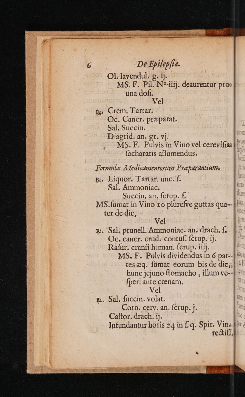 OI. lavendul. g. ij. MS. F. Pil. N*.iitj. deaurentur pro» | una dofi. Vel &amp;&amp; Crem. Tartar. Oc. Cancr. preeparat. Sal. Succin. Diagrid. an. gr. vj. — | | ^ MS.F. Pulvis in Vino vel cerevifial |. facharatis afíumendus. Fovmule AMedicamentorum Preparantium. &amp;. Liquor. Tartar. unc. f. Sal. Ammoniac. Succin, an. fctup. f£. MS.fumat in Vino 1o plurefve guttas qua-- | i ter de die, | Vel | x. Sal. prunell. Ammoniac. an. drach. f. Oc. cancr. crud. contuf. fcrup. ij. Rafür. cranii human. fcrup. iii. MS. F. Pulvis dividendus in 6 par--| i: teseq. fümat eorum bis de die;;| ^: hunc Jejuno ftomacho , illum ve--]' fperi ante coenam. Vel &amp;. Sal. fuccin. volat. Corn. cerv. an. fcrup. J. Caftor. drach. ij. Infundantur horis 24 in f. q. Spir. Vin. [t| re&amp;if.l LM nw MER MA: - E