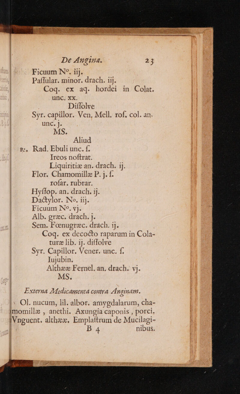 Ficuum N*. iij. Paffular. minor. drach. iij. Coq. ex aq. hordei in Colat. unc, xx. j Diflolve Syr. capillor. Ven, Mell. rof. col. an. unc. j. MS. Aliud &amp;. Rad. Ebuli unc. f. Ireos noftrat. Liquiritiz an. drach. ij. Flor. Chamomillz P. j. f. rofar. rubrar. Hyfífop. an. drach. ij. Dad&amp;ylor. No. iij. Ficuum No. vj. Alb. grec. drach. j. Sem. Foenugrzc. drach. ij. Coq. ex deco&amp;to raparum in Cola- turz lib. ij. diffolve Syr. Capillor. Vener. unc. f. Iujubin. Althez Fernel. an. drach. vj. MS. Externa Medicamenta coutra A ngimam. - Ol. nucum, lil. albor. amygdalarum, cha- Jmomille , anethi. Axungia caponis , porci. IVnguent. althex, Emplaítrum de Mucilagi- D 4 nibus.