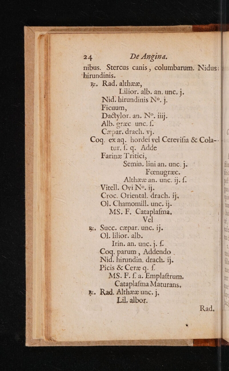 hirundinis. m. Rad.althze, Lilior. alb. an. unc. j. Nid.hirundinis INo. j.—— Ficuum, Dadtylor. an. N*. iijJ. Alb. erzc unc. f. Czpar. drach. vj. tur.Í. q. Adde Farinz Tritici, Semin. lini an. unc. j. Foenugrzc. Althzze an. unc. ij. f. Vitell. Ovi Ne. ij. Croc. Oriental. drach. ij. Ol. Chamomill. unc. ij. MS. F. Cataplafma, Vel &amp;;, Succ. cepar. unc. i]. Ol. lilior. alb. Itin. an. unc. j. f. Coq. parum , Addendo Nid. hirundin. drach. ij. Picis &amp; Cera q. f. MS. F. f: a. Emplaftrum. Cataplafma Maturans, ». Rad. Althzz unc. j. Lil, albor. Rad.