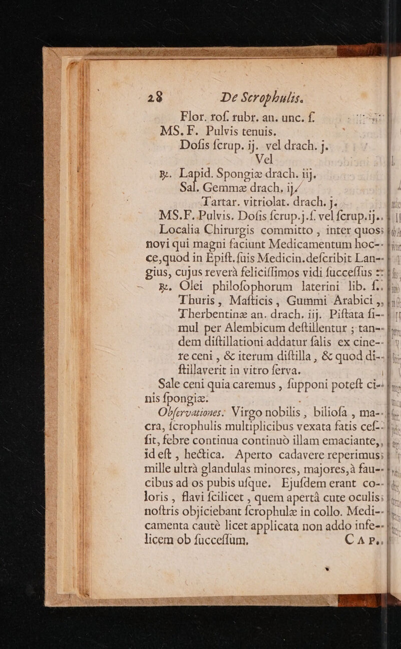 r* Flor. rof. rubr. an. unc. f. MS.F. Pulvis tenuis. Dofis fcrup. ij. vel drach. j. Ve &amp;. Lapid.Spongiz drach. iij. Sal. Gemmz drach. ij/ Tartar. vitriolat. drach. j. dem diftillationi addatur falis ex cine- ftillaverit in vitro fetva. nis fpongiz. | Obfcrvationes: Virgo nobilis, biliofa , ma- licem ob fuücceffum.