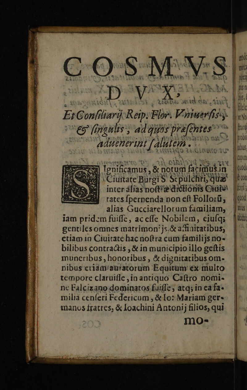 E y wen JJ TT E Gonfi liar) Reip Bl. E vinis Uc es fmiulis, adis prafe ntes ve Mor aduenerint Jaluton . 2 i Es m» » | Tenificamus, &amp; nona facigiut in ds : Ciuitate BürgiS Sepuléhii Qua jor inter álias no(t/ dicliótiis Chübe Jit; rates fpernenda non eft Follorü, alias Gucciarellorum familiam, | j9u jam prid:m fuiffe, aceffe Nobilem, eiufqs — it gentilesomnes matrimon'js.&amp;a?faitatibus, |^ etiam i0 Ciuirate hac noftra cum familijs no- bilibus contradis , &amp; in municipio illo geftis muneribus, honoribus , &amp; dignitatibus om- nibus eridm/auratorum Equitum ex multo tempore claruifle ,in antiquo Caftro nomi- ne Falcizano: dominatos fuiffe ; atq; in ea fa- milia cenferi Federicum , &amp; [o: Mariam ger» manos fratres, &amp; Loachini Antonij filios, ;qui InOo-