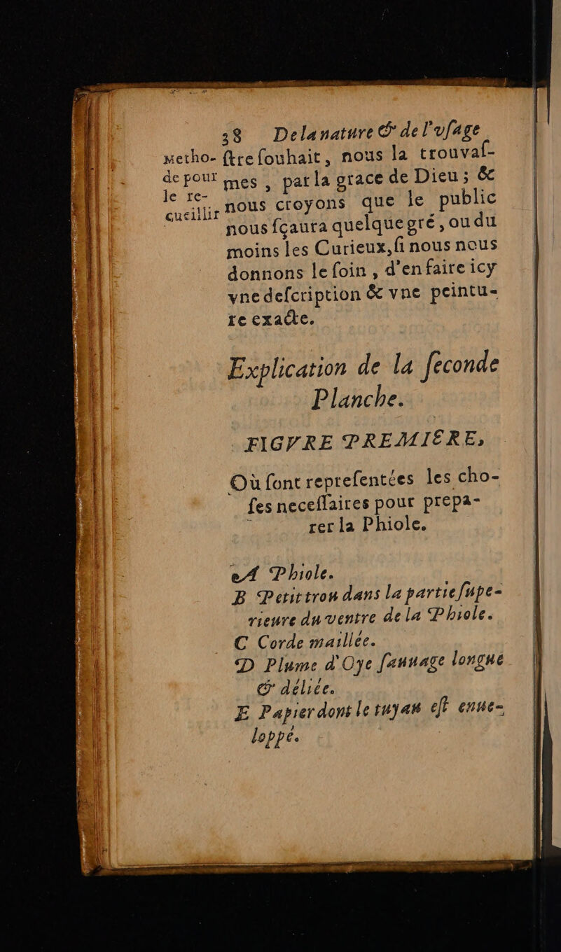 metho- de pour je re- cueillir 38 Delanature É de l'ufage ftrefouhait, nous la trouvaf- mes , parla grace de Dieu; &amp; nous croyons que le public nous fçaura quelquegré, ou du moins les Curieux, fi nous nous donnons le foin , d’enfaire icy vne defcription &amp; vne peintu- re exacte. Où font reprefentées les cho- fes neceflaires pour prepa- rer la Phiole. eA Phiole. B Petittron dans la partiefupe- rieure du ventre dela Phiole. C Corde maillee. D Plume d'Oye fannage longue € délice. E Papierdontletuyan eff enue- loppe.