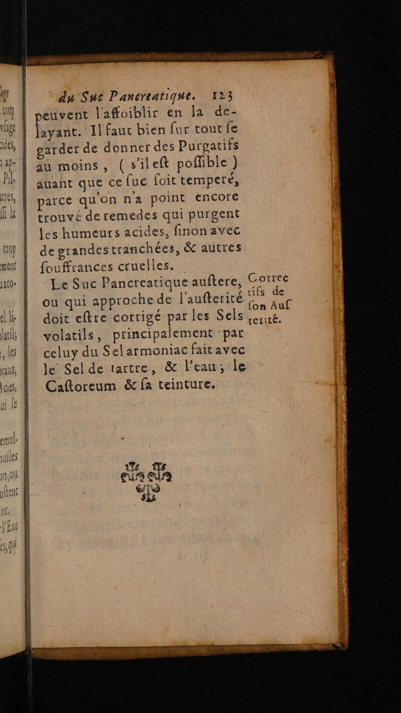 euvent l'affoiblir en la de- PPT Il faut bien fur tout fe garder de donner des Purgatifs au moins, (sileft poffible ) auant que cefuc foit tempete, parce qu'on na point encore trouvé deremedes qui purgent les humeurs acides, finon avec de grandes tranchées, &amp; autres fouffrances cruelles. Le Suc Pancreatique auftere, Gorrec ou qui approche de l'aufterité Fi Le doit eftre corrigé parles Sels Lire, volatils, principalement par celuy du Selarmoniac fait avec