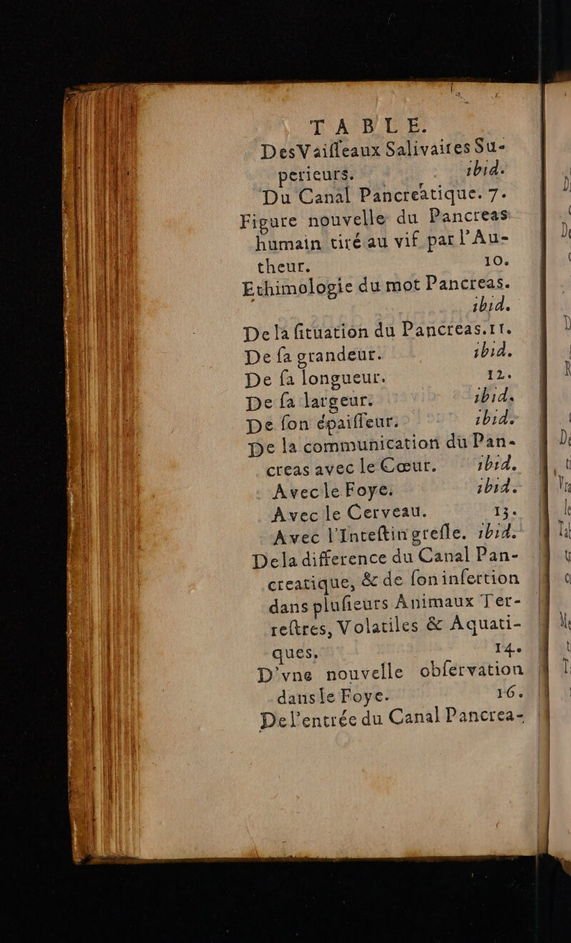 DesVäifleaux Salivaires Su- perieurs. ibid. Du Canal Pancreatique. 7. Figure nouvelle du Pancreas humain tiré au vif par l'Au- theur. 10. Ethimologie du mot Pancreas. ibid. De la fituation du Pancreas.rr. De fa grandeur. ibid. De fa longueur. 12, De fa largeur. ibid. À De fon épaiffeur. 1bid. De la communication du Pan- creas avec le Cœur. 1bid. . Avecle Foye. 1bid. Avec le Cerveau. 13. Avec l'Inteftingrefle. 1h14. Dela difference du Canal Pan- creatique, &amp; de foninfertion dans plufieurs Animaux Ter- reltres, Volatiles &amp; Aquati- ques, l4e D'vne nouvelle obfervation danse Foye. 16. Del'entrée du Canal Pancrea- M