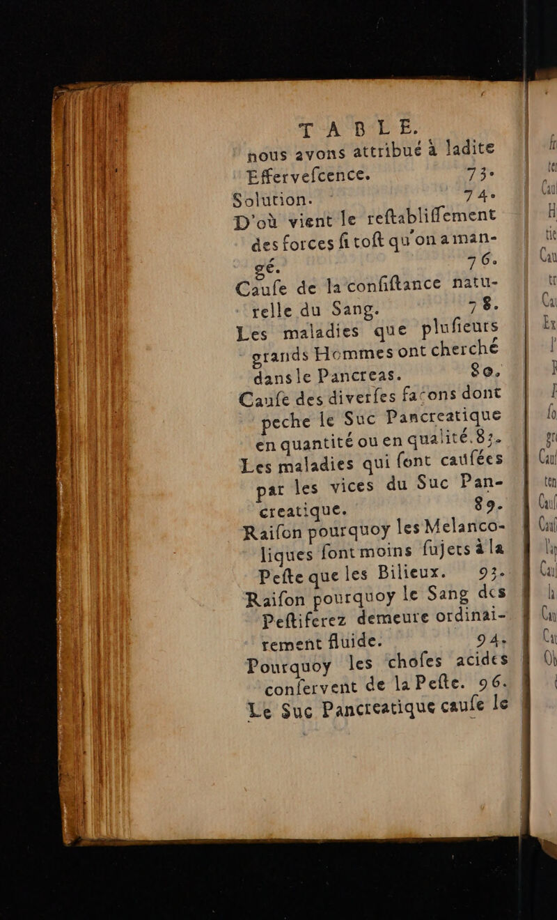 mnt T'A'D'E E. nous avons attribue à ladite Effervefcence. EX des forces fi toft qu'on aiman- Caufe de la confftance natu- telle du Sang. 7 8. Les maladies que plufieurs grands Hommes ont cherché dansle Pancreas. 80, Caufe des diverfes facons dont peche le Suc Pancreatique enquantitéouen qualité. 83. Les maladies qui font caufées ar les vices du Suc Pan- creatique. 8 9- Raifon pourquoy les Melanco- liques font moins fujers à la Pefte que les Bilieux. 93. Raifon pourquoy le Sang des Peftiferez demeure ordinai- rement fluide. 94. Pourquoy les chofes acides confervent de la Pelle. 96. Le Suc Pancreatique çcaufe le