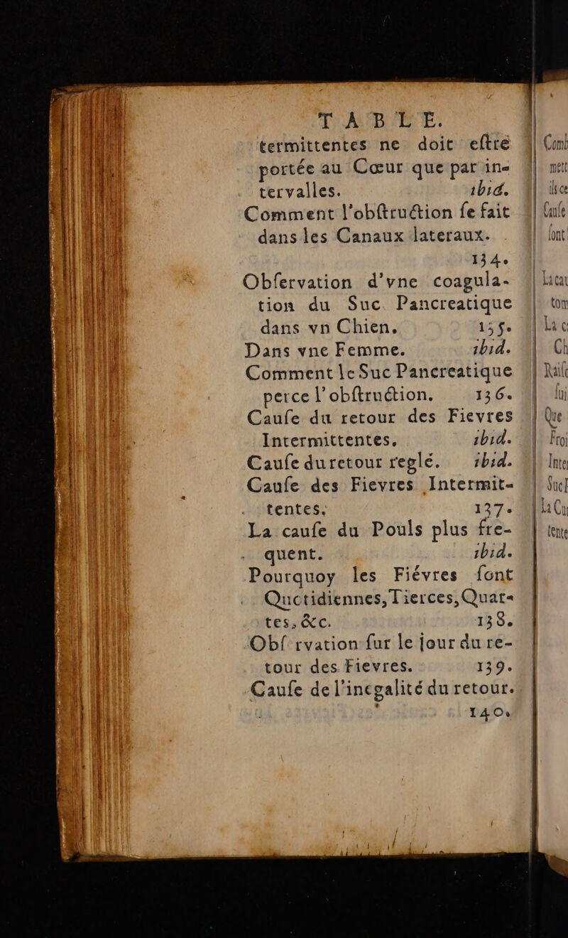 me ; orne T'ADÈE, termittentes ne doit eftre portée au Cœur que par in- tervalles. 1b1&amp;. Comment l’obftruétion fe fait dans les Canaux lateraux. 134. Obfervation d’vne coagula- dans vn Chien, 15% Dans vne Femme. 1b1d. perce l’obftruétion. 13 64 Caufe du retour des Fievres Intermittentes, ibid. Caufe duretour reglé. sb:d. Caufe des Fievres Intermit- tentes. 127. La caufe du Pouls plus fre- quent. 1bid. Pourquoy les Fiévres font Quotidiennes, Tierces,Quar« tes, &amp;C. 135. Obf rvation fur le jour du re- tour des. Fievres. 139. Caufe de l'incgalité du retour. 140