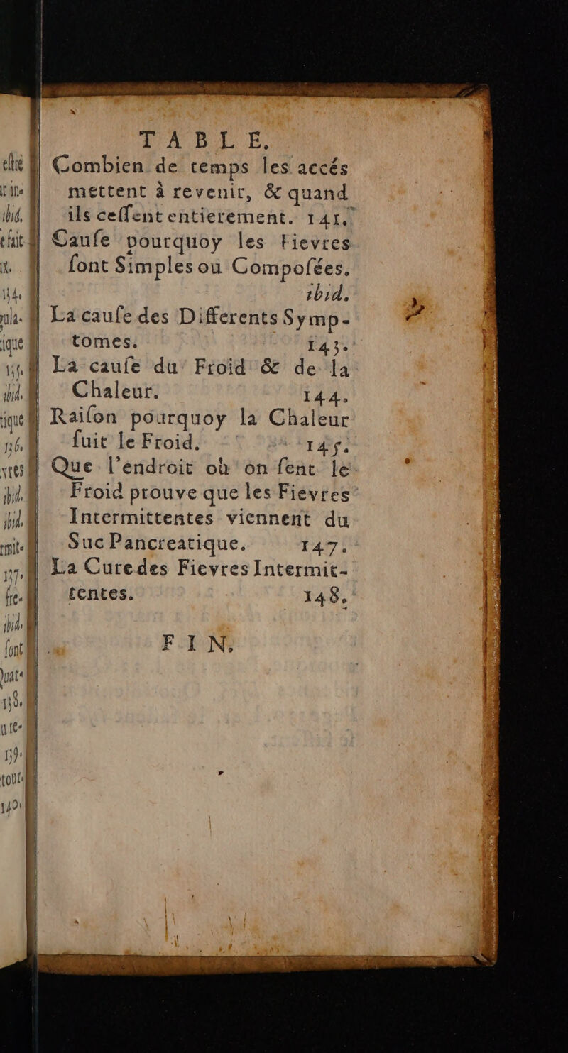 *'A D LE Combien de temps les accés mettent à revenir, &amp; quand | ils cefententierement. 141! hit# Caufe vourquoy les Fievres | . font Simples ou Compofées. 14, @ tbid, j 1h. À La caufe des Differents Symp- Co de qe ‘tomes. 143. HN La caufe du’ Froid &amp; de la nl Chaleur. 144. jut® Raïlon pourquoy la Chaleur + fuit le Froid. 14. vtes Que l'endroit où on fent le W@ : Froid prouve que les Fievres H4@ -Intermittentes viennent du rit Suc Pancreatique. 147. M La Curedes Ficvres Intermit- le. | tentes. 148, PA F PNR