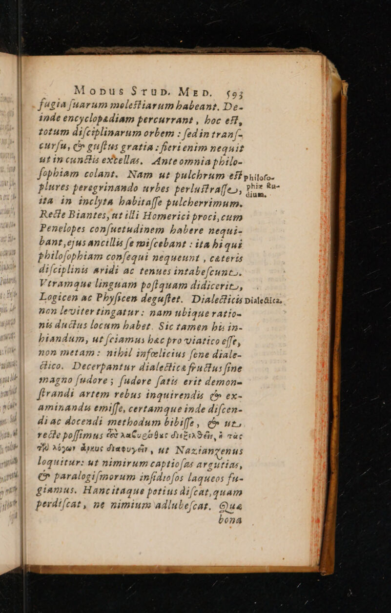 Mopnpus $rüuD. Mrep. £5; fagia [uarum melefliarum babeant. De- inde encyclosadiam perecurrant, boc eff, totum difciplinarurm orbem : fed in tranf- curfu, c gius gratia: fierienim nequit ut in cunctis extellas,. Ante omniapbilo- plures peregvinando urbes perluftraffe», Ha in inclyta babitaffe pulcberrimur. Recle Biantes, ut illi Homerici proci,cum Penelopes con(uetudinem babere nequi- bant ejus ancillis fe mi[cebant : ita bi qui philofopbiam confequi nequeunt , cateris difciplinis aridi ac tenues intabe[cunto. Vtramque lingnam pofIquam didicerito, non leviter tingatur: nam ubiaueratto- nus ductus locum babet. Sic tamen bi in- biandum, ut [ciamus bc pro viatico effe, non metam : nihil infolicius fene diale- Gico. Decerpantur dialectica fructus fine magno [udores fudere (atis erit demon- ftrandi artem rebus inquirenda (» ex- aminands emiffe, certamque inde difcen- di ac docendi methodum bibi[fe, &amp; ut, recie po[fnmus ee AaCogeluc Diegix S éin, n marc 74 ^or dakuc diatUyEir, nf Nazianyenus loquitur: ut nimirum cAptiozs argutias, € paralogifmorum infidto[os laqueos fu- giamus. Hancitaque potius di[cat,quam perdi[cat, ne nimiuro adlubefcar. Quá bona
