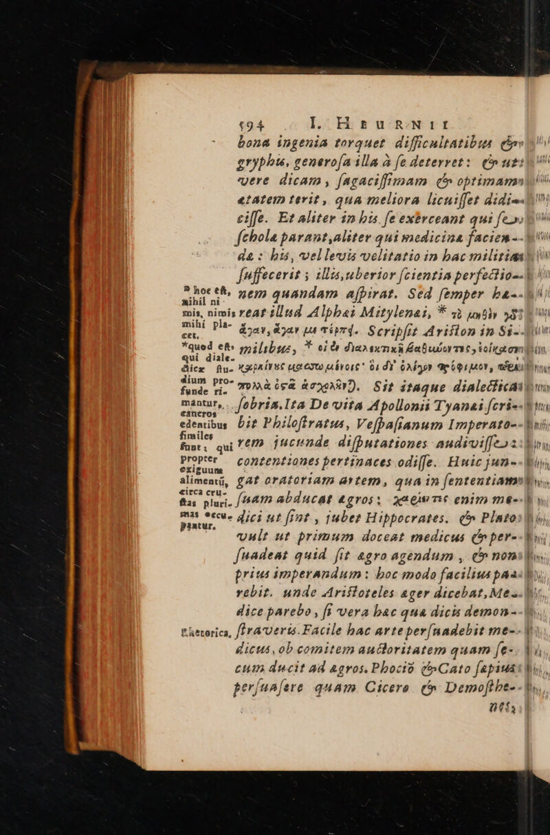 (94 Il. HrumnNiIt bona ingenia torquet difficultatibus. (ope v gryphts, genero/a illa à fe deterret: Cp uti vere dicam, fagaciffimam (5 optimamnoy li &amp;1AteID terit , qua meliora licuiffet didi-- ciffe. Et aliter in bis fe exbrceant qui feo) pi fehola parant aliter qui medicina faciem -- pi d&amp; : his, vellevis velitatio in bac militias i fuffecerit y illis,uberior (cientia perfectio--| unt € nem quandam afpirat. Sed [emper ba-. mis, nimis rA? illud Alpbei Mitylenai, * 7b pbi 563g n ed pla- &amp;5av, &amp;jav us mipz d. Scripfit Ariflon 1n Si--Ju qued eft: milibus, * cies diassunxiÉabudormie y iolug emn oben kg parse uo eau aávore* 01 dY oAÍoor apégruv, efe Pun fiut, PO quisa cap. Sif itaque dialecficas qu maptur,.. fobria.Ita De vita Apollonii Tyanai fcri-- Ww cancros . . edentibus bit Philofiratus, Vefbafianum Imperato-- hij fimil : . 4 HAE funt; qui /£/P jucende difbutationes audiviffeoz Bou Proper — conzentiones pertinaces odi[[e. Hwic jun-- Foy, exiguuns : : ; i alimemü, ff oratoriam artem, quain [ententiamsEws fas pluri. //4472 abducat € gros ; xt ou Tec €n17 19&amp;-- E » ca eg dici ut fint. , tubez Hippocrates. (^ Platoshw vult ut primum doceat medicus (per--Tw, fuadeat quid fit agro agendum , c» noni prius imperandum : boc modo facilius paasy vebit. unde Arifloteles ager dicebat, Mes. |, dice parebo , fi vera bac qua dicis demon- t'aetorica, f?raerts. Facile hac arteper(nadebit me-- i. cuin ducit ad agros. Pboció (»Cato fapiust Wy, períuafere quam Cicero. (^ Demoftbe-- Vo. 0f EX
