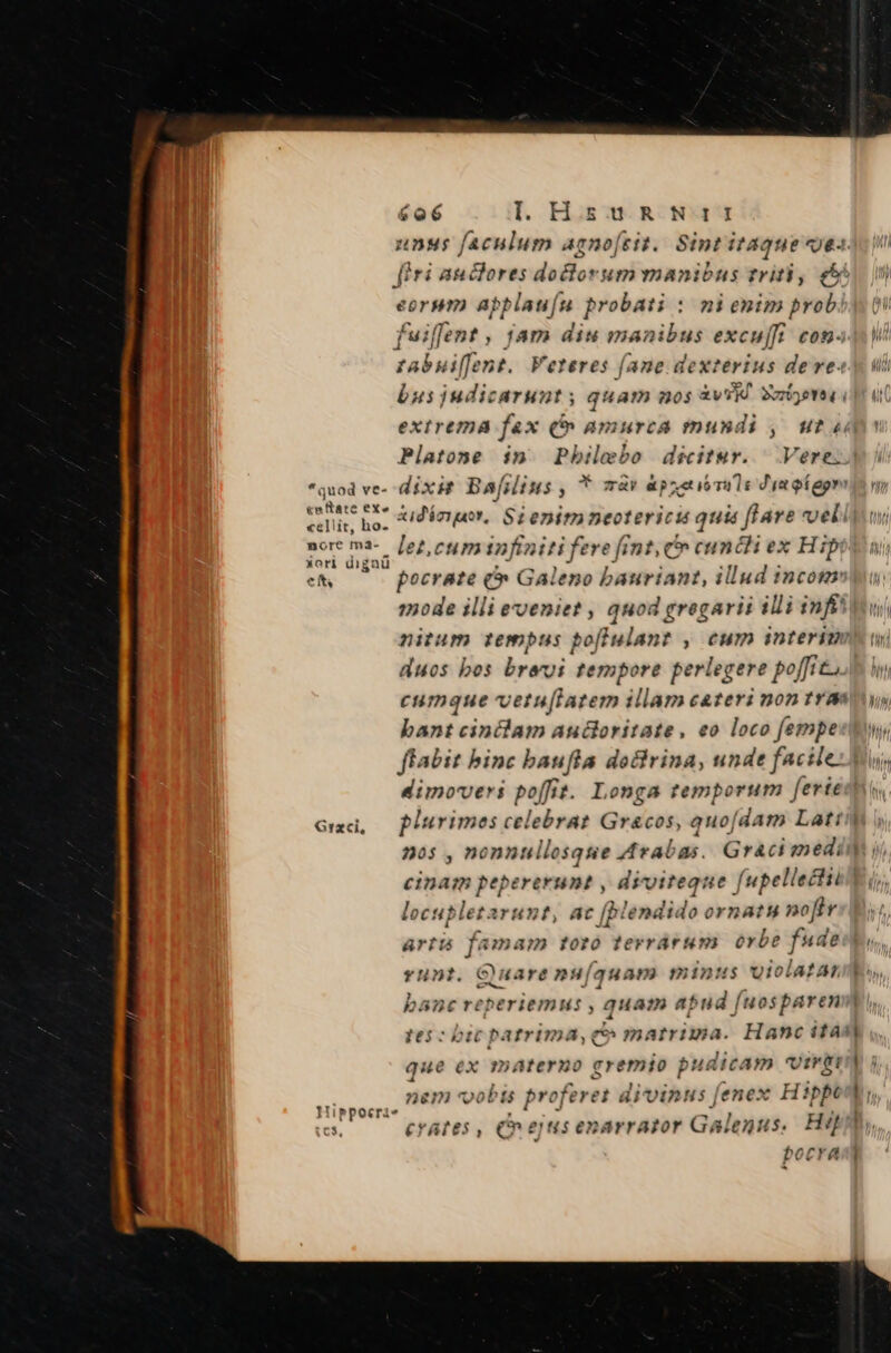 *Quod ve- 1 &amp;nütate exe «ellit, ho. nore m4- Xori digaü eit Graci, $6 lL HsuR Nr: nnus; faculum agno[eit. Sintitaque estin firi auclores doctorum manibus triti, £5 eorsmm abblau[íu probati : mi enim probi 0v fuiffent , jam diu manibus excu[ft cona tW tabui[fent. Veteres (ane dexterius dere«| ii bus judicarunt; quam nos &amp;vv RÀ Sonyerse ob dil extrema fax ( amurca mundi ,. ut «d Platone in. Pbhbilebo dicitwr. Vere.) dixit Bafilius , * TP &amp;petió ule Jun pf egy o ny &amp;idácigot, Si enim neoterici quis flare voellp un let,cuminfiniti fere fint, &amp; cuncti ex HipiMui pocrate &amp; Galeno bauriant, illud incom) mode illi eveniet , quod gregarii illi infiS oui nitum tempus po[fiulant , cum interim wj duos bos breui tempore perlegere poffit b ly, cumque vetu[latem illam cateri non ty, bant cinclam auctoritate, eo loco fempest ftabit binc baufla doGrina, unde facile: Mu, dimoveri poffit. Longa temporum ferie plurimes celebrat Gracos, quo[dam Latt nos , nonnullosque Arabas. Gracimedim cinam pepererunt , diviteque fupellectii B. locupletarunt, ac (blendido ornatu noftr arti famam toro terrárum. orbe fude runt. Quare nuíquam minus uiolatanmo, banc reperiemus , quam apud (uosparensti, tes: bit patrima, e matripma. Hanc itas] que ex materno gremio pudicam virgi) nem vobis profere divinus fenex Hippow, crates , Cn ejusenarrator Galenus, Hip, pocra ]