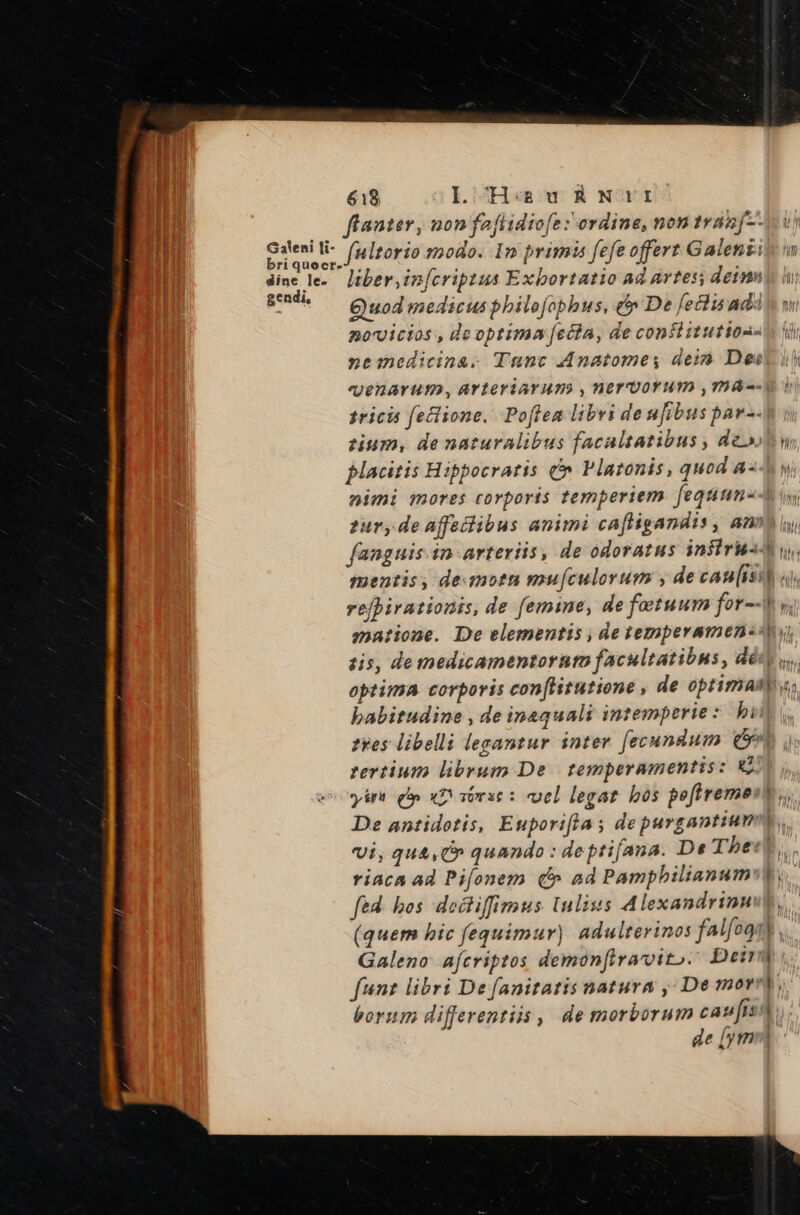Galeni i- bri quocr- dine le. gendi, 618 lL;^H:s u R Nr1 flanter , non faflidiofe : ordine, non traof-- v) fnltorio modo. 1n primis fefe offert Galeniit ui liber, in[criptus Exbortatio ad artes; detzin) lí Quod medicus pbilofopbus, e» De feclis ad. novicios , de optima [ecla, de confi itutiossn ij) nemedicina. Tunc Anatomes dei Des i) «e2AYHID, ATIOYIAYMTD , HOT U0YHTD , THÀ--| sricis fectione. Poftea libri de ufibus par-- zium, de naturalibus facultatibus , den placitis Hippocratis c Platonis, quod a^ yi nimi mores corporis temperiem [equun--b iy 2ury de affechibus animi cafigandis , anms iy, fanguis. in arteriis, de odoratus infiru-A yy, mentis, de-smotn mu[culorum , de can[issh a. refpirationis, de femine, de fatuum for--o y, satione. De elementis , de iemperamensst y tis, de medicamentorum facultatibus , d^ «s. optima corporis con[litutione , de optimas babitudine , de inaquali intemperie: bi tres libelli legantur inter fecundum Qo» o» rertium librum De | temperamentis: v7 y ét (ln xD orat: uel legat bos poftremost,, De antidotis, Euporifia; de purgantium, Vi, qu&amp;,C» quando : depti[ana. De Tbe: riaca ad Pifonem (5 ad Pampbilianum fed. bos doctiffimus lulius Mlexandrinust, (quem hic fequimur) adulterinos falfoga), Galeno afcriptos demonfiravito. Den fnt libri De [anitatis natura ,- De mor borum differentiis, de morborum caufisq,. de [yt].