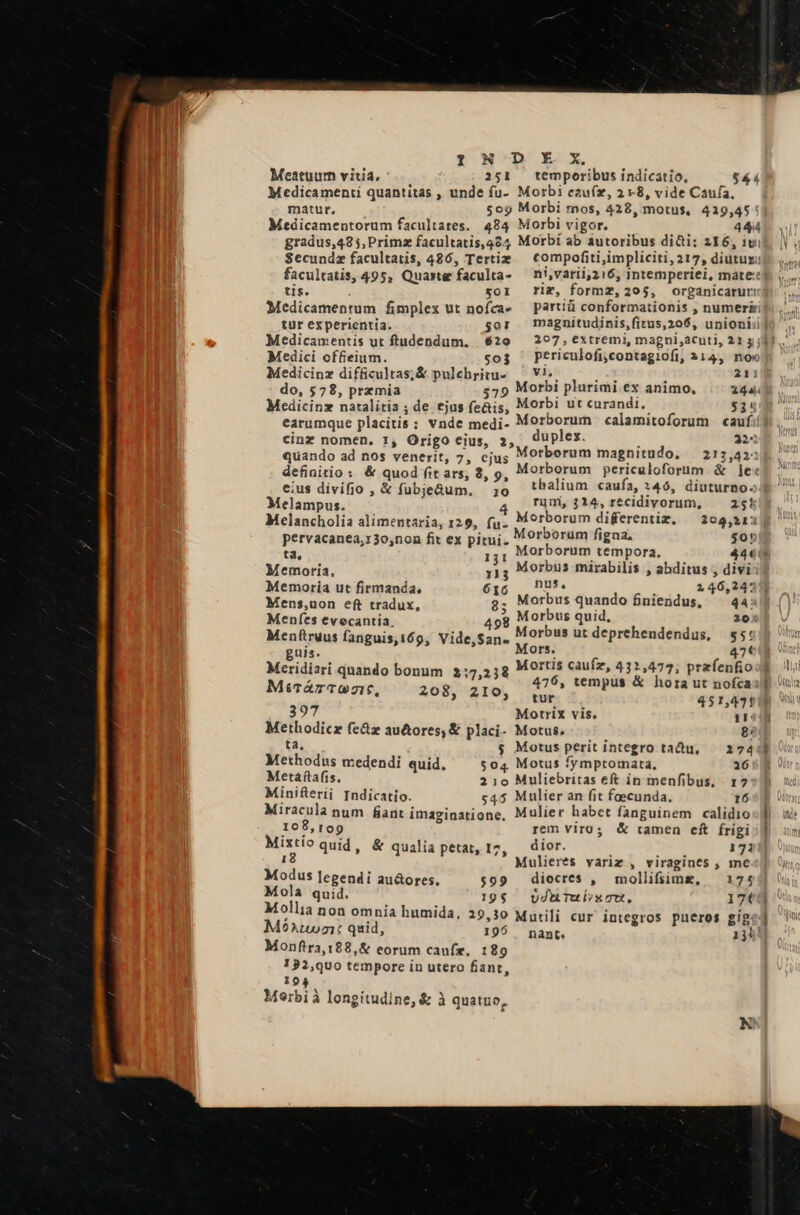 1 N D E xXx. Meatuum vitia, 251 temporibusindicatioo — $44 Medicamenti quantitas , unde fu- Morbi czu(z, 2 -8, vide Caufa, matur. 509 Morbi mos, 428, motus, 429,45: Medicamentorum facultates. 484 Morbi vigor. 444 gradus,485, Primz facultatis,424 Morbí ab autoribus di&amp;i: 216, ivi Secundz facultatis, 486, Tertiz compofiti,impliciti,217, diutur facultatis, 495, Quaste faculta- — ni,varii,216, intemperiei, mate] tis. . sor riz, formz, 295, organicaruri Medicamentum fimplex ut nofca« — partiü conformationis , numeriri tur experientia. sor magnitudinis,fitus,206, unioni Medicamentis ut ftudendum. 620 — 297, €xtremi, magni,acuti, 21 4511. Medici offieium. sog Ptriculoficontagiofi, 1314, noo) Medicinz difficultas;&amp; pulehritu- —— V1. dl y 211 do, 578, przmia 579 Morbi plurimi. ex animo, 144 ? 5, . . Medicinz natalitia ; de ejus fe&amp;is, Morbi ut curandi. 535 earumque placitis : Vnde medi- Morborum calamitoforum caufií] cinz nomen, 1, Origo eius, 2, duplez. 22. quando ad nos venerit, 7, ejus Morborum magnitudo, 212,4 definitio: &amp; quod fit ars, 8, 9, Morborum periculoforum &amp; je eius divifjio , &amp; fubjeGum, ;o 'halium caufa, 140, diuturno. Melampus rim, 114, recidivorum, 25! Melancholia alimentaria, 129, fu- Lise Viae auc b i pervacanea,130,non fit ex pitui. ide a pm p ta, 131 SghUs ret ae TT Memoria. à n Moni mirabilis , (——— emoria ut firmanda, 16 pe: : » ial - m ia eft tradux, 3 prse tec finiendus, S Menfes evecantia, 498 : Men(truus fanguis,169, Vide,San- Morbus ut deprehendendus, 2. guis. Mors. 47 j N 5 476, tempus &amp; hora ut nofca:l] MirámcTwz:, 208, 210, tur 451,431 397 Motrix vis. r140 Methodicz fe&amp;z autores, &amp; placi- Motus. e: ta. $ Motus perit integro tadu, — 274: Methodus n:edendi quid. $04 Motus fymptomata, 16 Metaftafis. 210 Muliebritas eft in menfibus, r7: Minifterii Indicatio. «45 Mulier an fit faecunda. 16 Miracula num fant imaginatione, Mulier habet fanguinem calidio«] 108,109 - rem viro; &amp; ramen eft frigi |] Mixtío quid, &amp; qualia petat, 12, — dior. ; Ne 171 18 Mulieres variz , viragines , mec Modus ]egendi au&amp;ores. $99 diocres , mollifsimeg, — 174 Mola quid. 19$. vduTuisU, 17€8 Mollia non omnia h MoAt021t quid, 196 nant, 13i! Monftra,188,&amp; eorum caufz,. 129 132,quo tempore in utero fiant, 104 Meirbi à longitudine, &amp; à quatuo,