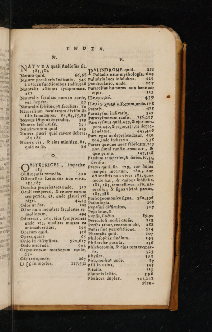 PNMND. E ox R. P. N ATVRA quali ftudiofus fit. 1 $85,524 ALINDROME quid. 211 Natura quid. 66,68 * Palladis nat mythología, 604 Naturz peculiaris Tndicatio. $45 Paluftria loca infalubria, 215 à naturz fun&amp;ionibus 1ndíc,s48 Pandiculatio, unde. 267 Naturalis. a&amp;ionis fymptemata, Paracelíus humores non bene ae- 422 cipit. 135 Naturalis facnltas num in corde, TI4eax/An. 439 ;e] hepate. 9 g. j ye ; 27 [Tasty 442 viícerum,unde.17 8 Naturalis fpiritus,22,facultas, 80 : ems Paroti*., 475 Natralium facultatum divifio, Zo TET tU illis famulantes, 81,84,85,26 Paroxy (mi indice TY $47 Nervus i&amp;us ut curandus. 529 ParoxyÍmorum cau yu 185,257 WNumeri lzfi caufz, 251: Paroxyfius quid,439,X ejus tem^ Nutrimentum quid 2 pora, s4o, 5 vigor etat pir Nutrix pueri quid cavere debeat. hendatnr. | 445,44€ 2$ 186 Pars zgra ut deprehendatur. 430 Nutrix vis, &amp; eius miniftrz, 8 r, $o6,inde indicario, $33 ud sa Lt gg Partes qurque uade fabricatz.147 3 non fimul cun&amp;z creentur , &amp; Oo quz primo. 147,148 : Partium temperies, &amp; feries,30,3:, * 1  divi(íto 3s 55 S * E * O ap iens (Oper: partu, quid fit. 179, cur hujus  ince 80, cur ] : em f : tempts Incertum, 1 v e gebdin fares - » tt o&amp;imeftris non vivat. 181, quo» Tl 18 z r hon riVat. modofir, &amp; quibus fubfidiis. ro] 182, 183, tempeftivus. 126, na» Occultx proprietates unde, — 317 AR ; J ralis ; &amp; figna vicini partus Oculi temperati, &amp; czterr eorum z e 1g P * 17, E emperies, 43 de glauci vel : temp 1,49, gRES &amp; | V*^ Dathognomonica (igna. 360,396 v 42,53 pathologia. 2c$ Odor ut fiat. 10$ pepafmi difücultas : dor num monftret facultates re. t, CP? m? crneuntas, 317 Scl ioris 494 Pepa(mus,&amp; n : t» Pepfis, Co&amp;io, 39,90 Odorstus, 104,e€ius fymptotmnata à : 7 Periculofi morbi caufz, 358 unde z7;, qualitas mutata ee : s Períea arbor,venenum ubi, 288 animádvertitur, 194 : : Peftis fine patrefa&amp;ione, 2114 O pacum quid. 318  iisrs anid» Phantafia quid. 10g nis lifeiplinis ^a Pe Philofophiz fudium. £91 iei. ers a p 595,917 Philote(iz pocula. 216 d pao, C MA 594 Phlebotomia, &amp; cjus tota tecmare Organicorum morborum cauíz, £ 2 d it PI ca ts I . Phyfica. 95 mipAee PAL ge Pica,morbu* unde, 5 Ü CU n Inorois, 227,431 pili in urina, 345 Pituita. 11j Platonis le&amp;io, $9€ Plethora duplex, 241,143 Pleu»s