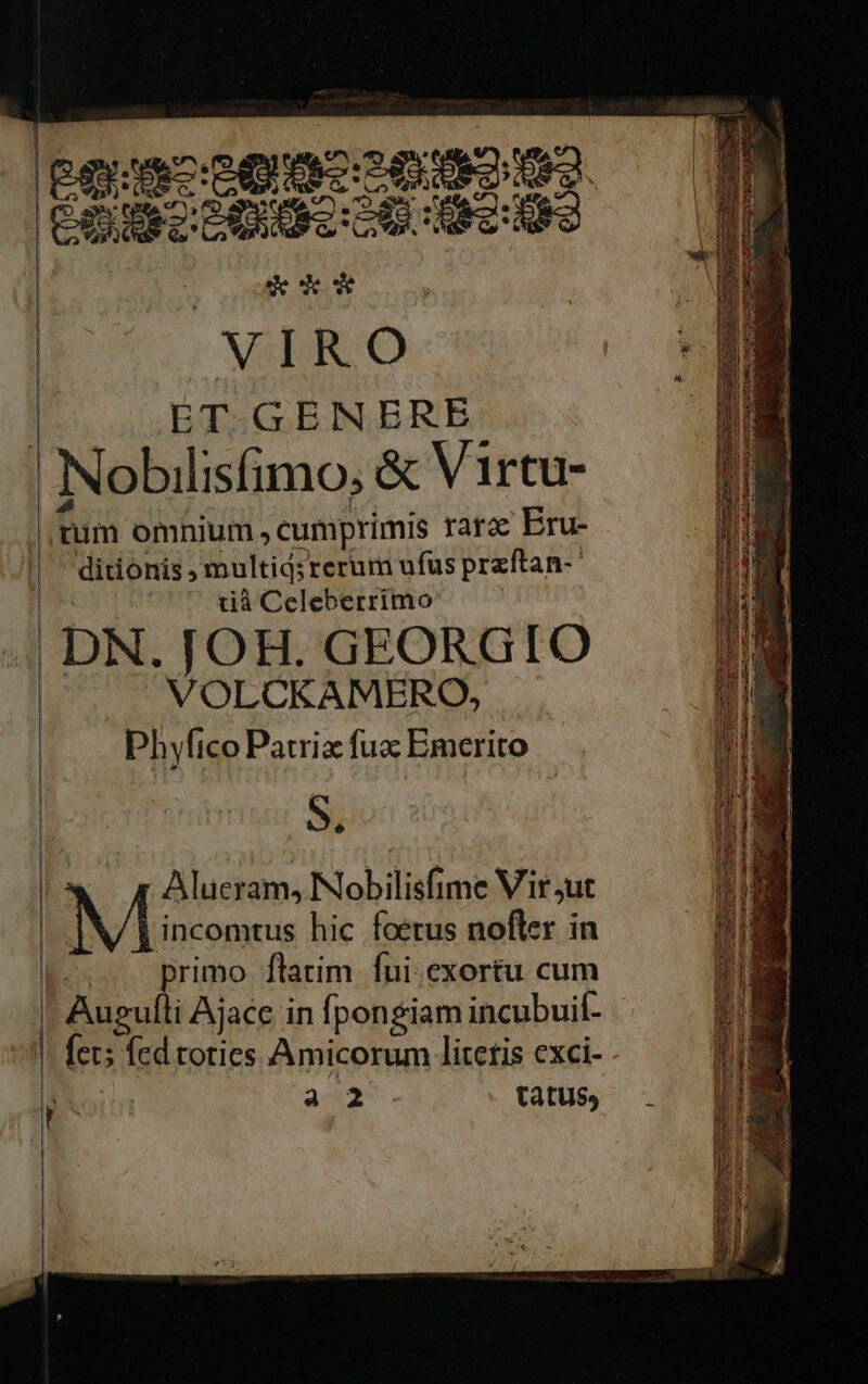 deco VIRO ET.GEN ERE. INobilisfimo, &amp; &amp; Virtu- fum omnium » cumprimis rarae Eru- ditionis; multiqs rerum ufus przitan-. tià Celeberrimo DN. JOH. GEORGIO VOLCKAMERO, Phyfico Patri fuz: Emerito S. | M: Alucram, Nobilisfime Vir jut incomtus hic foetus nofler in —.. primo flatim fui.exortu cum Aueulli Ajace i in íponsiam incubuif- | | [et; fed toties Amicorum literis exci- j ; ir esce a tatus,